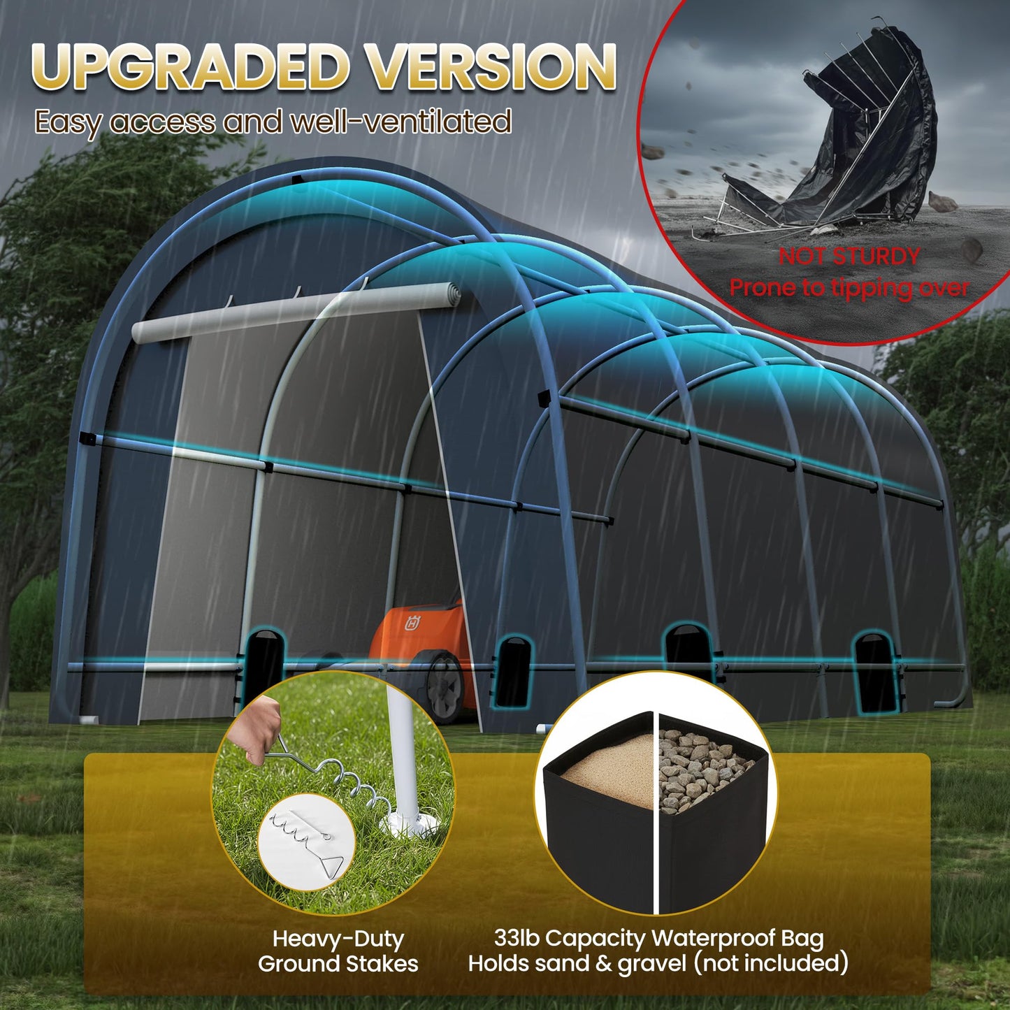 Kiss the Water Heavy Duty Carport with 4 Cloth Bags, All-Weather Car Canopy with 2 Roll-up Doors, Portable Garage Storage Shelter Shed for Cars, Truck, or Garden Tools, 10' x 20'
