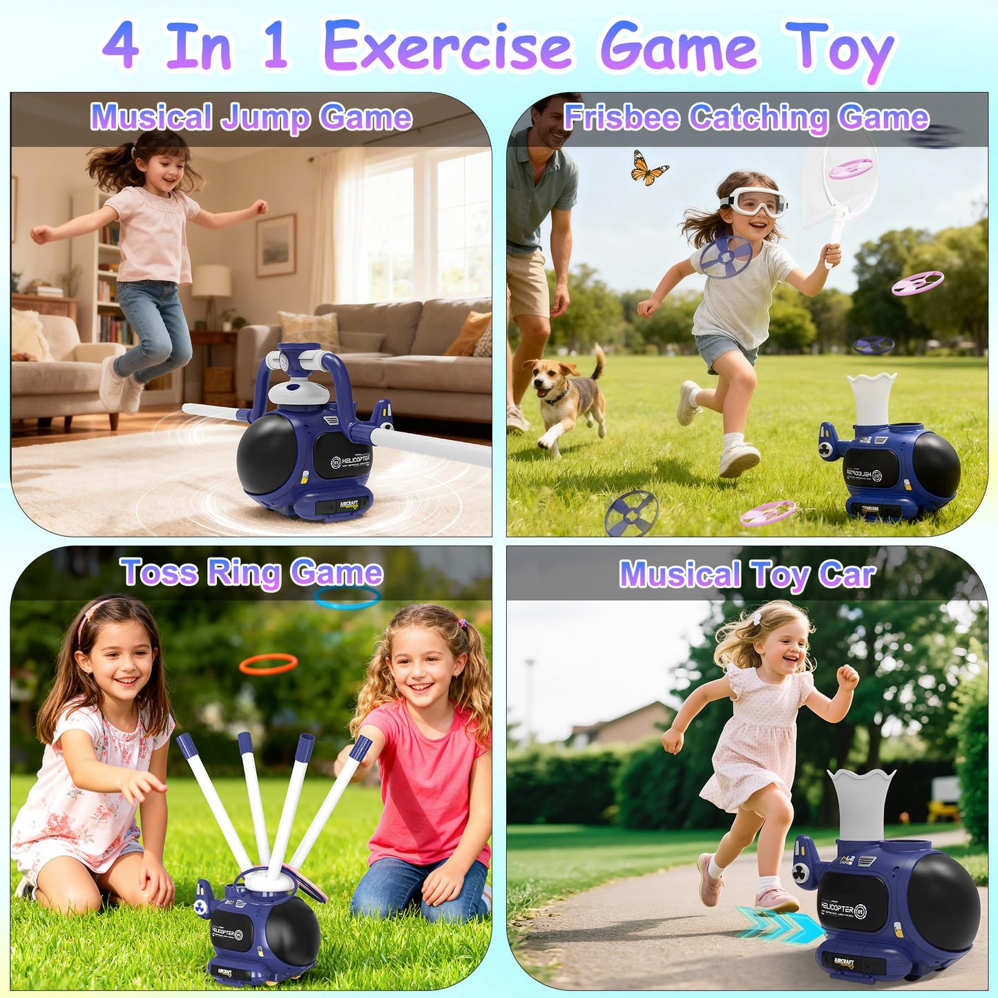 WhimsQuest Missfly 4-in-1 Kids Outdoor Game Toy, Auto Disc Launcher, Jump Dodge & Ring Toss, Interactive Sports Play for Boys & Girls (Blue)