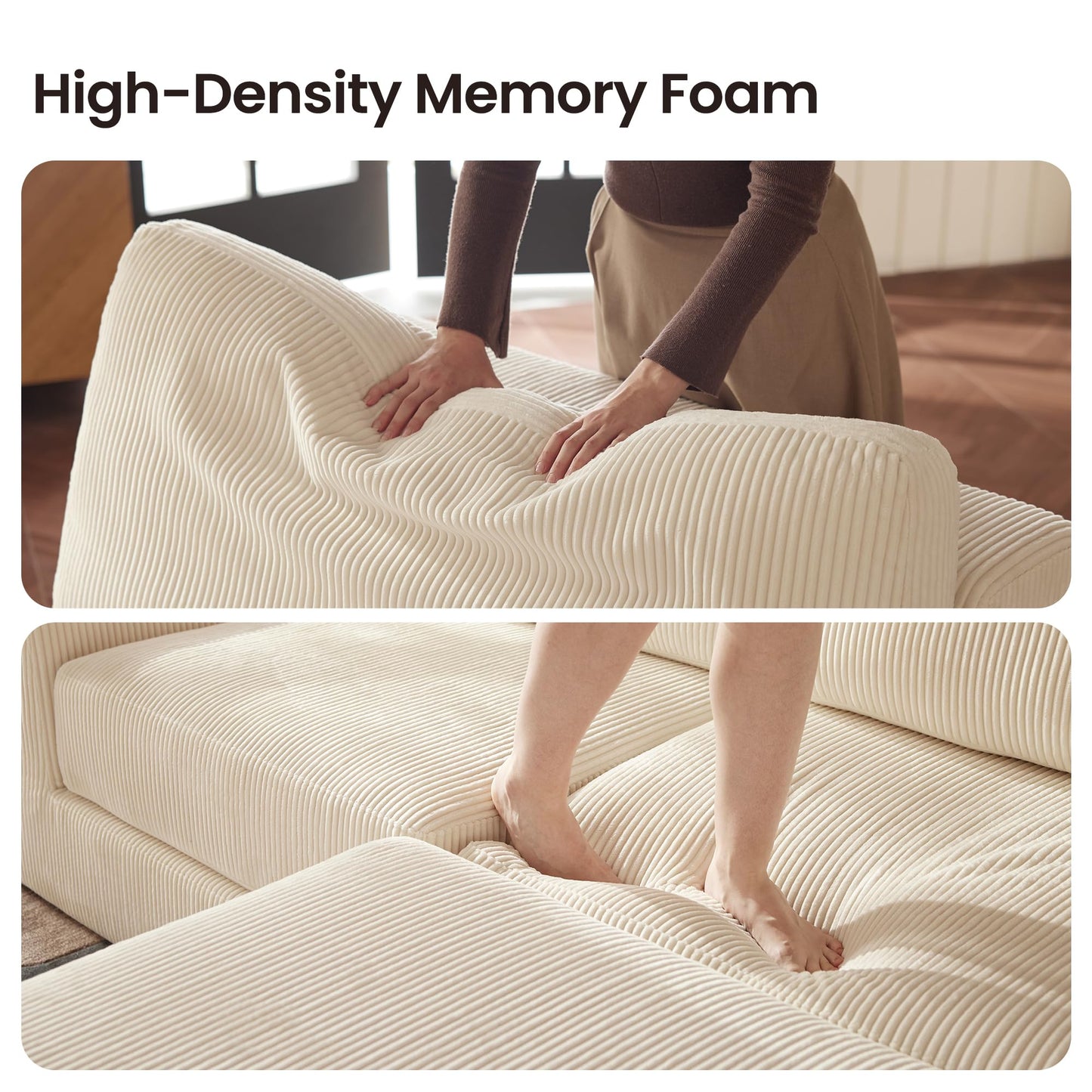 Modular Sectional Sofa, 120.47" Modern Cloud Couch Sectional Sofa with L-Shaped Chaise Comfy Corduroy Fluffy Couch with Deep Seat Boneless Couches for Living Room Bedroom, Beige