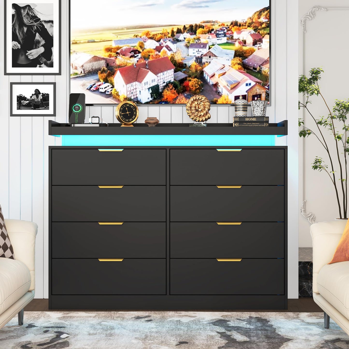 knoworld 8 Drawer Dressers for Bedroom, Black Dresser with LED Lights and Power Outlet, Wood LED Dresser, Double Wide Modern Chest of Drawers for Bedroom, Entryway, Hallway