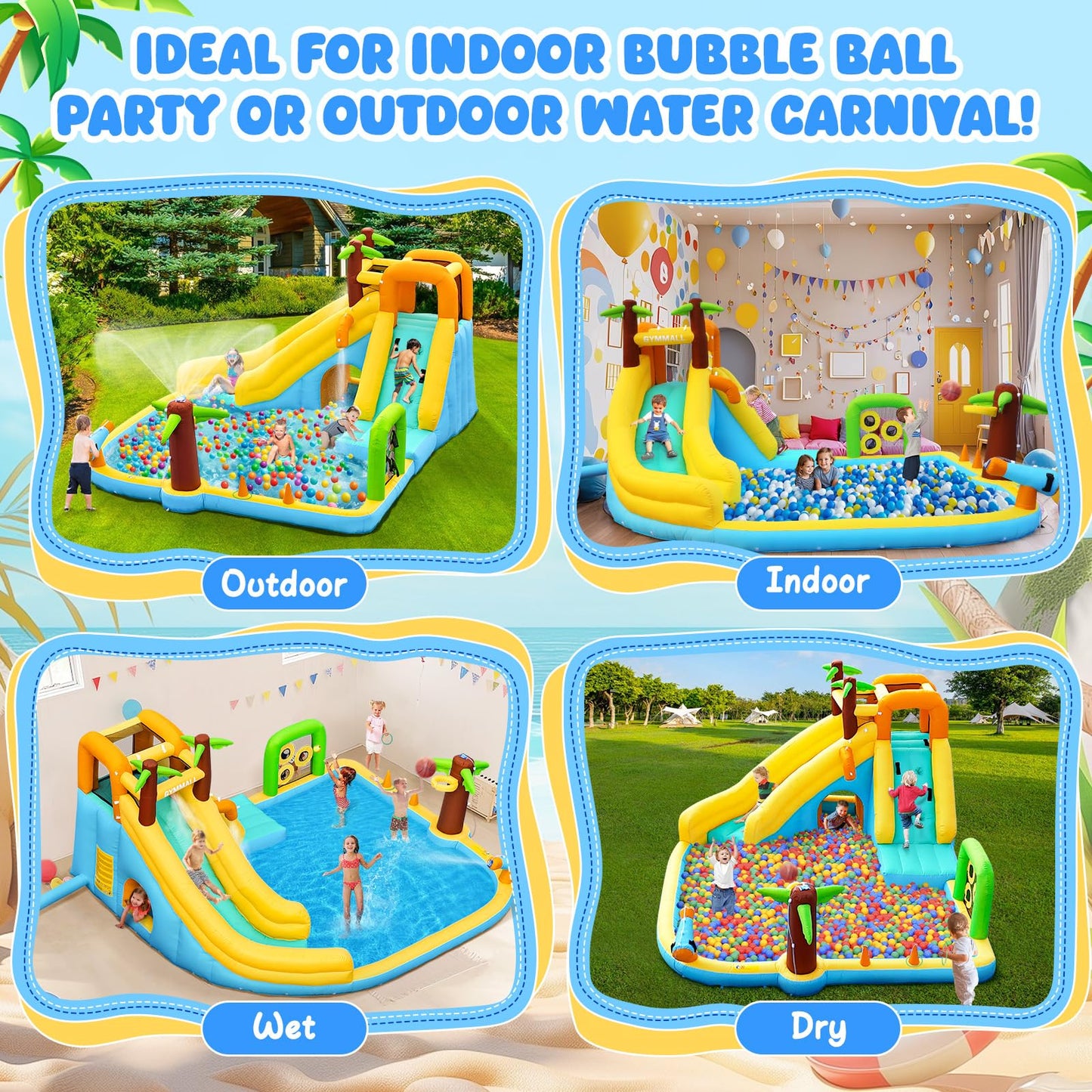 GYMMALL Inflatable Water Slide Bounce House with 450 W Blower, Blow up 10-in-1 Waterslide Park Bouncy Castle Outdoor and Indoor, Bouncer House with Splash Pool, Sprinklers and Long Slide