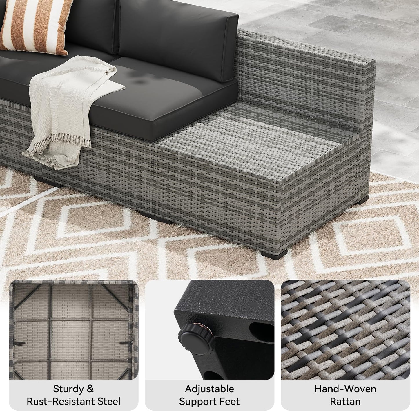 LazySunsets 7-Piece Patio Furniture Set, Wicker Rattan Outdoor Furniture with Thick Cushions, Patio Conversation Sets with Coffee Table, Outdoor Sectional Couch Sofa with Waterproof Cover, Black