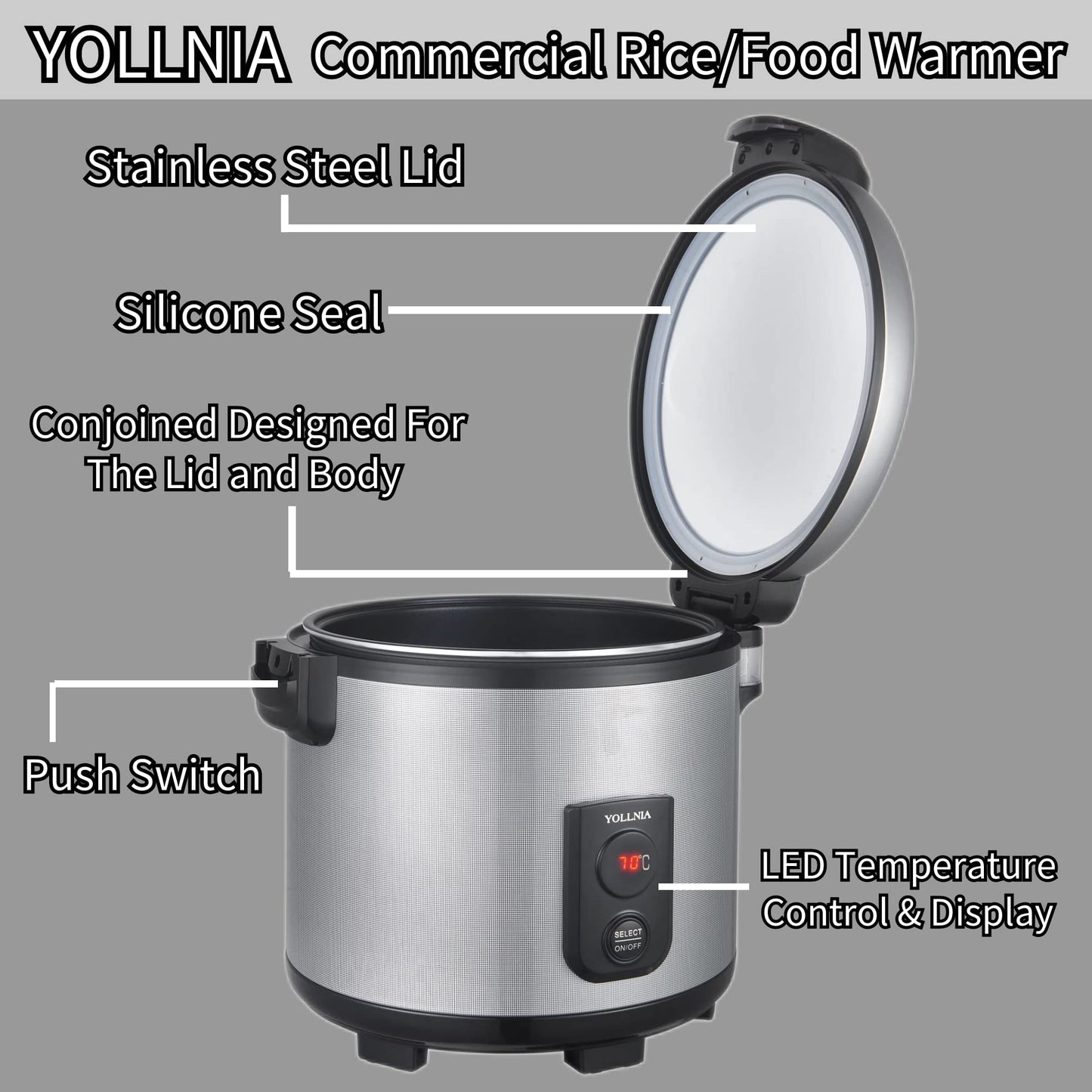 YOLLNIA 55 Raw/110 Cup Commercial Rice Warmer(Not Rice Cooker) Portable 18.1QT Big Rice Warmer / 122℉- 178℉ Adjustable Temperature/ 130W/ Non-Stick Inner Pot