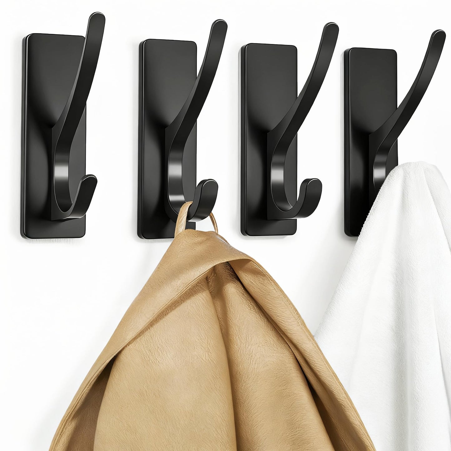 pickpiff Self Adhesive Coat Hooks for Hanging: Heavy Duty Stainless Wall Hook for Towel, Backpack, Hat, Sturdy Metal Hanger for Bathroom, Bedroom, Door, 4-Pack, Matt Black