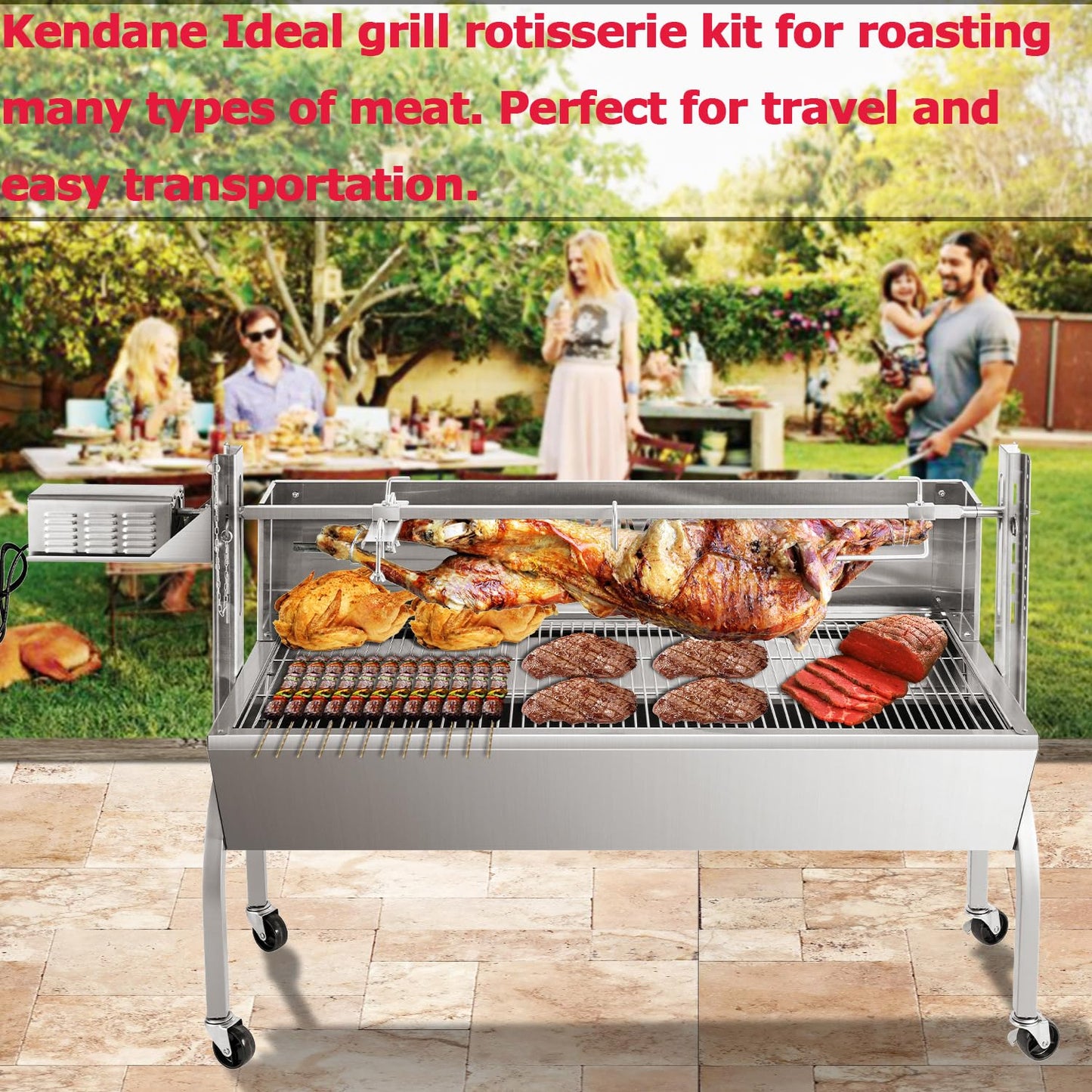 Kendane Rotisserie Grill Charcoal Spit Roaster, Stainless Steel 46" Pig Lamb Hooded Roaster Charcoal Spit with 30W Motor & Adjustable Height Lockable Casters for Party Barbecue, Rated 150 LB