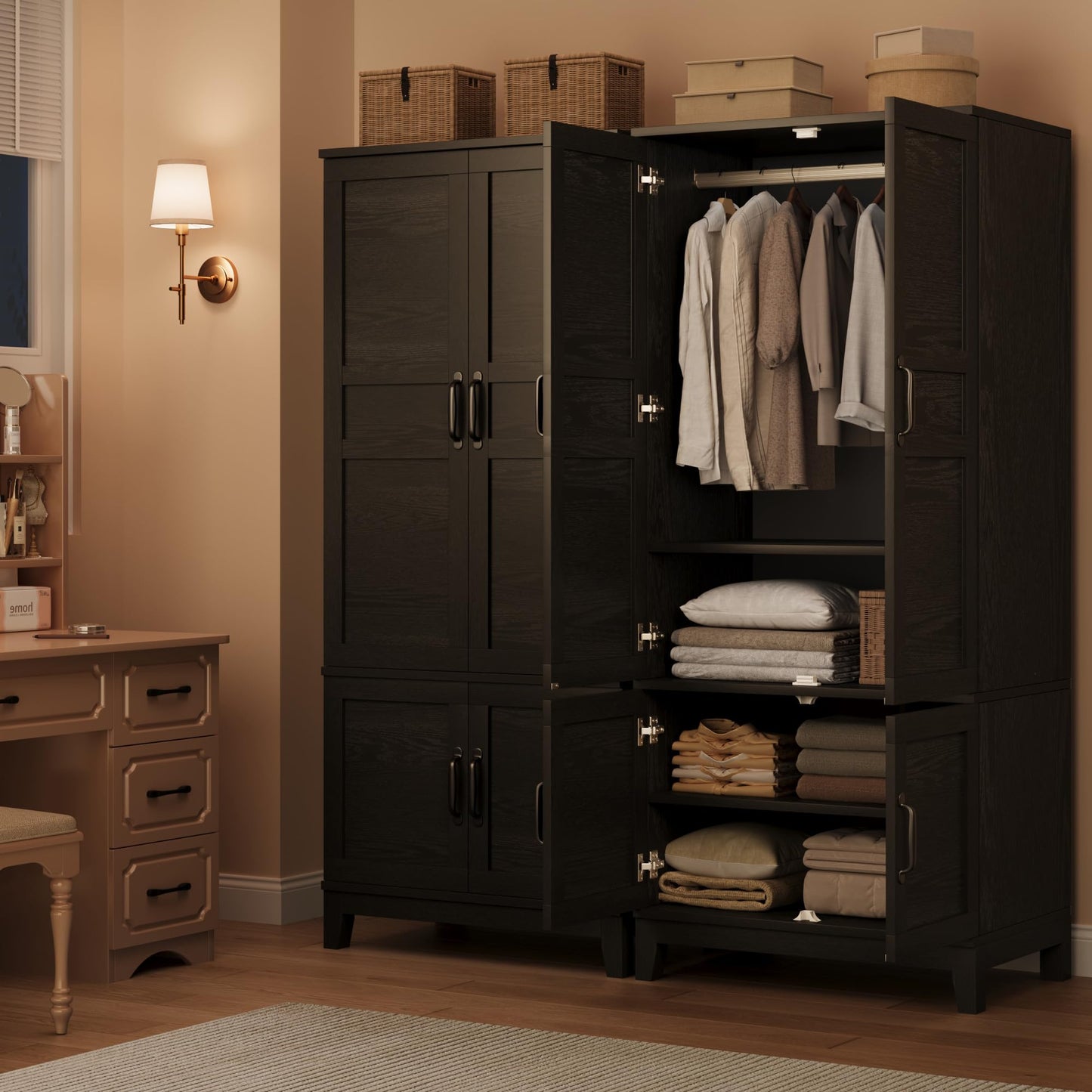 GarveeHome Armoire Wardrobe Closet with 4 Doors, 72 in Wooden Wardrobe Cabinet with Hanging Rod, Freestanding Tall Clothing Armoire Storage Cabinet with Adjustable Shelves for Bedroom, Black