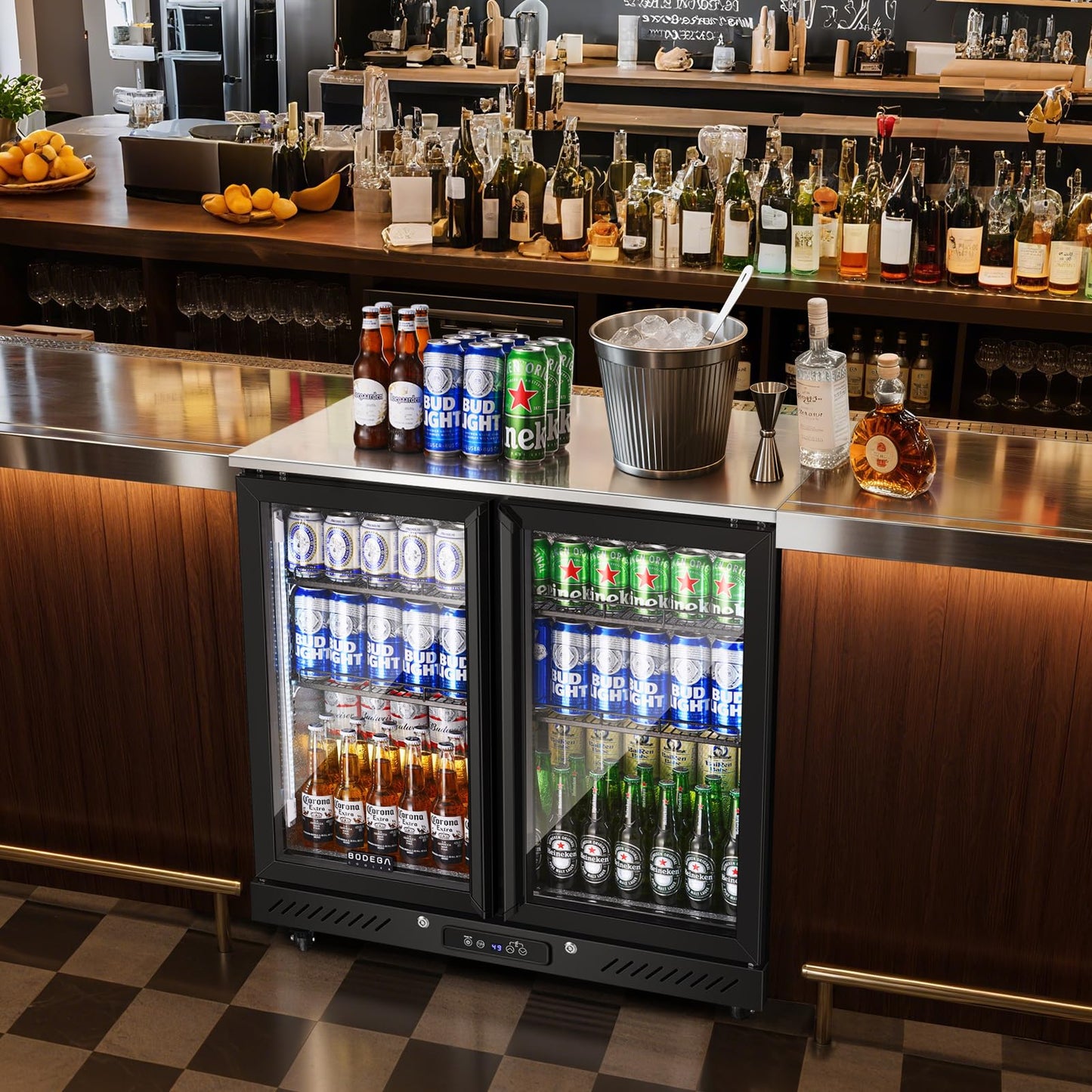 BODEGACOOLER Back Bar Cooler with 2 Glass Doors,7.7 Cu.ft Commercial Back Bar Beverage Refrigerator Counter Height,LED Lighting for Soda Drinks,Beer,Wine Stainless Steel Top,DOE Approved,4 Casters