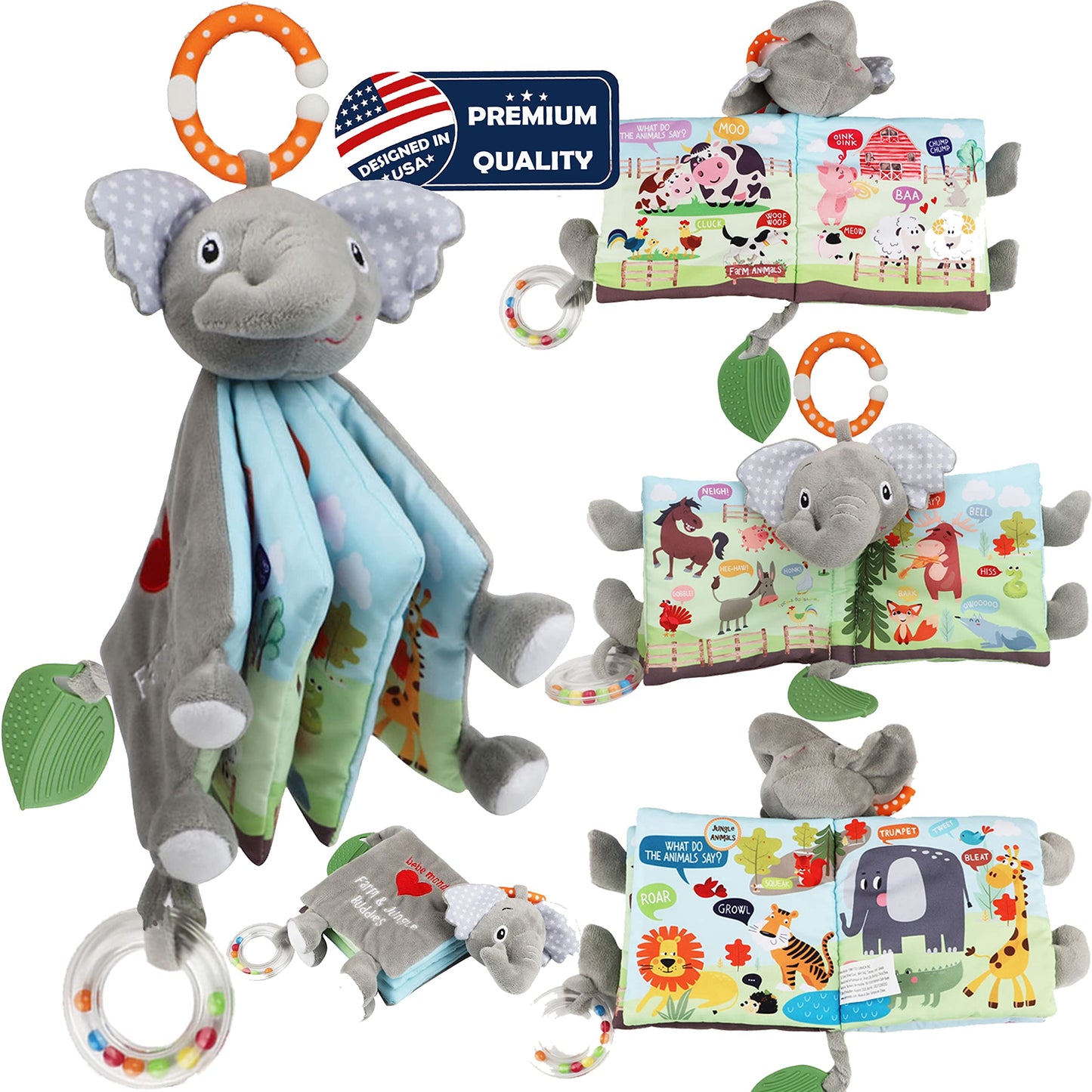 Elephant Touch and Feel Baby Books Toys 0-6 Months, Loveys Crinkle Books for Babies,Infant Toys 6-12-18 Months 1-2 Year Old, Baby Shower Easter Gifts Soft Cloth Book Teething Rattle for Boys Girls