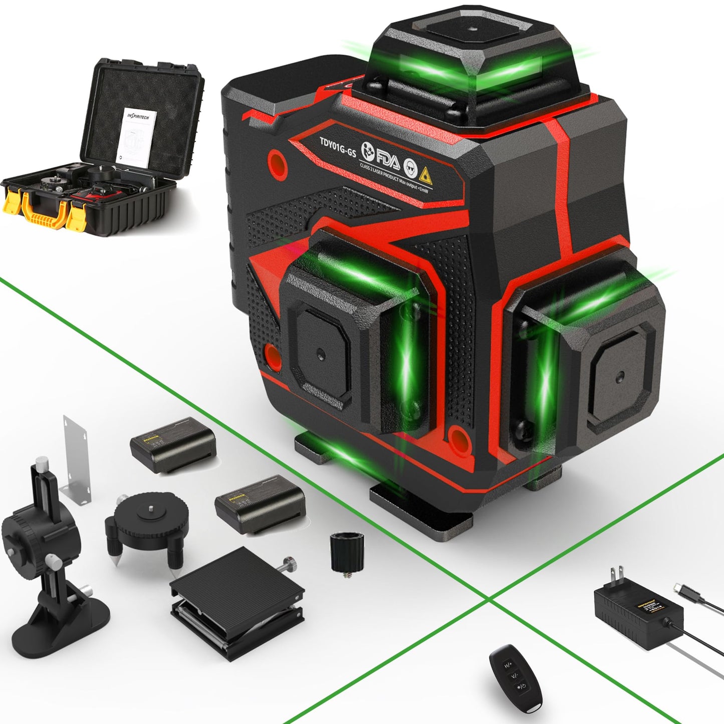 INSPIRITECH Tile Laser Level 360 Self Leveling - Floor 4 x 360 Green Beam Cross Line Laser Leveler Tool - 16 Lines Ceiling Nivel Laser for Construction - Hard-Sided Case and 2 Batteries-C