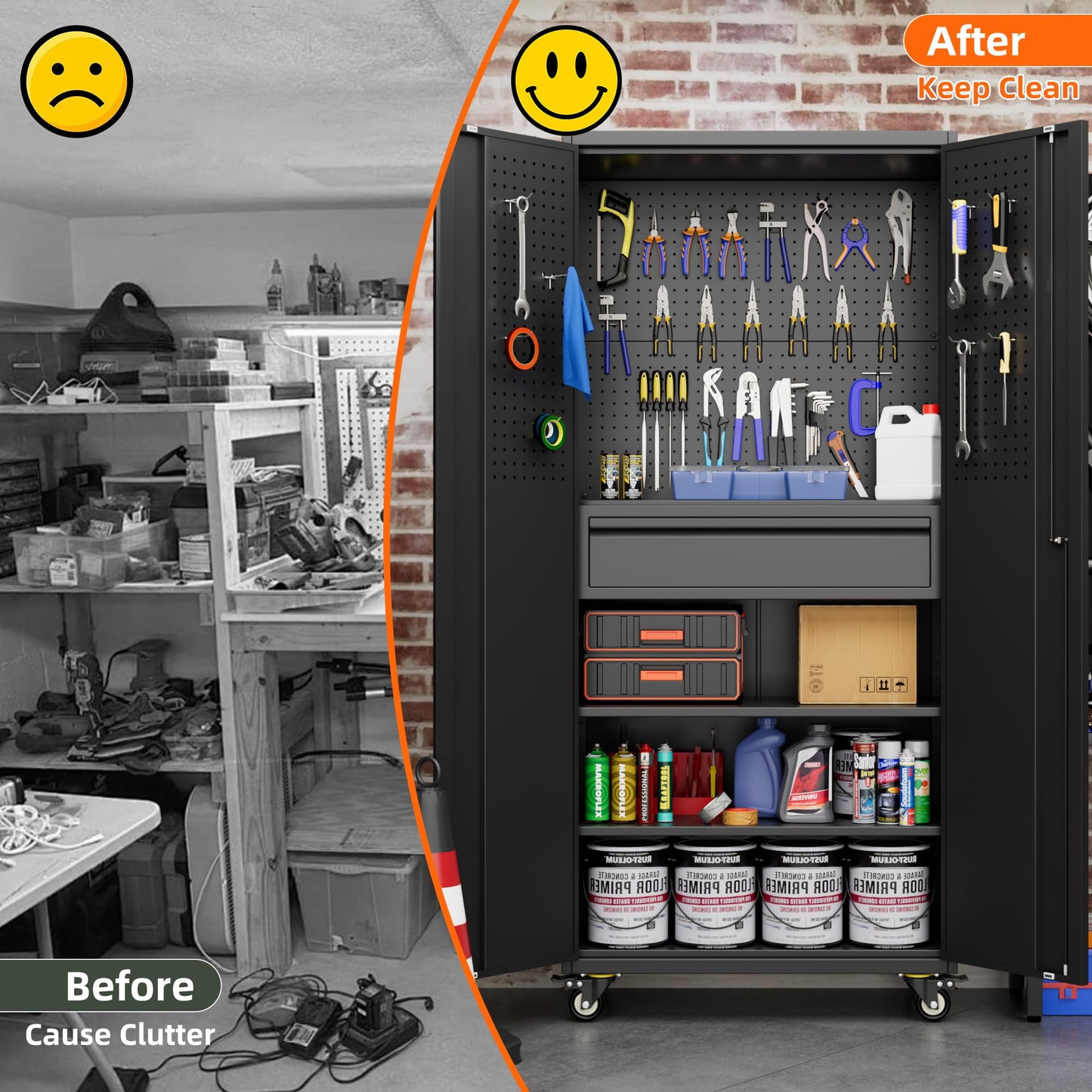 Metal Garage Storage Cabinet with Wheels and Doors,71" H Rolling Tool Cabinet with Pegboard and Drawer for Garage Warehouse Home,Required Assembly,Black