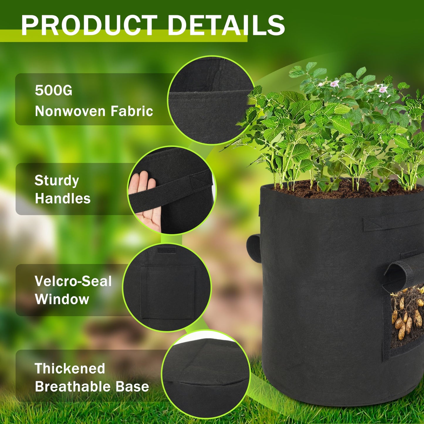 SORANGEUN 2-Pack 15-Gallon+2-Pack 20-Gallon Grow Bags with 2 Flaps and Reinforced Handles,Non-Woven Potato Grow Bags, Thickened Aeration Fabric Pots for Potatoes, Tomatoes, Flowers, and Vegetables