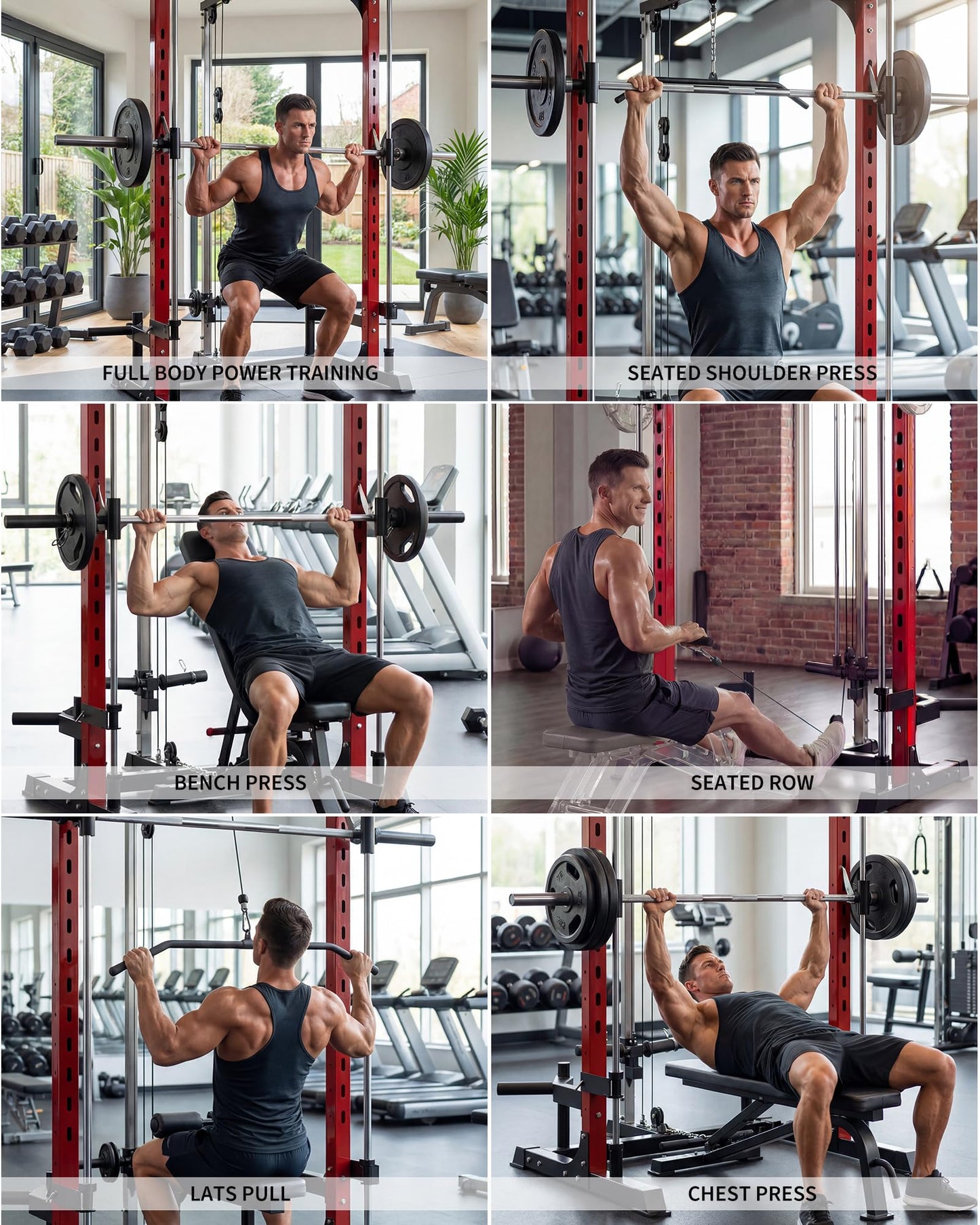 Garvee Smith Machine, 1000LBS Multi-Functional Smith Machine Home Gym, Squat Rack with LAT-Pull Down System, Power Rack with Barbell Bar, Power Cage with Attachments Full Body Training, Black/Red