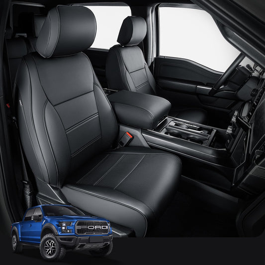 DrCarNow for Ford F150 Seat Covers 2015-2023 2024 2025, Full Set Custom Fit Leather Car Seat Covers, Waterproof Pickup Truck Accessories for SuperCrew/CrewCab 1st Row Bucket Seats (XL, XLT), Black