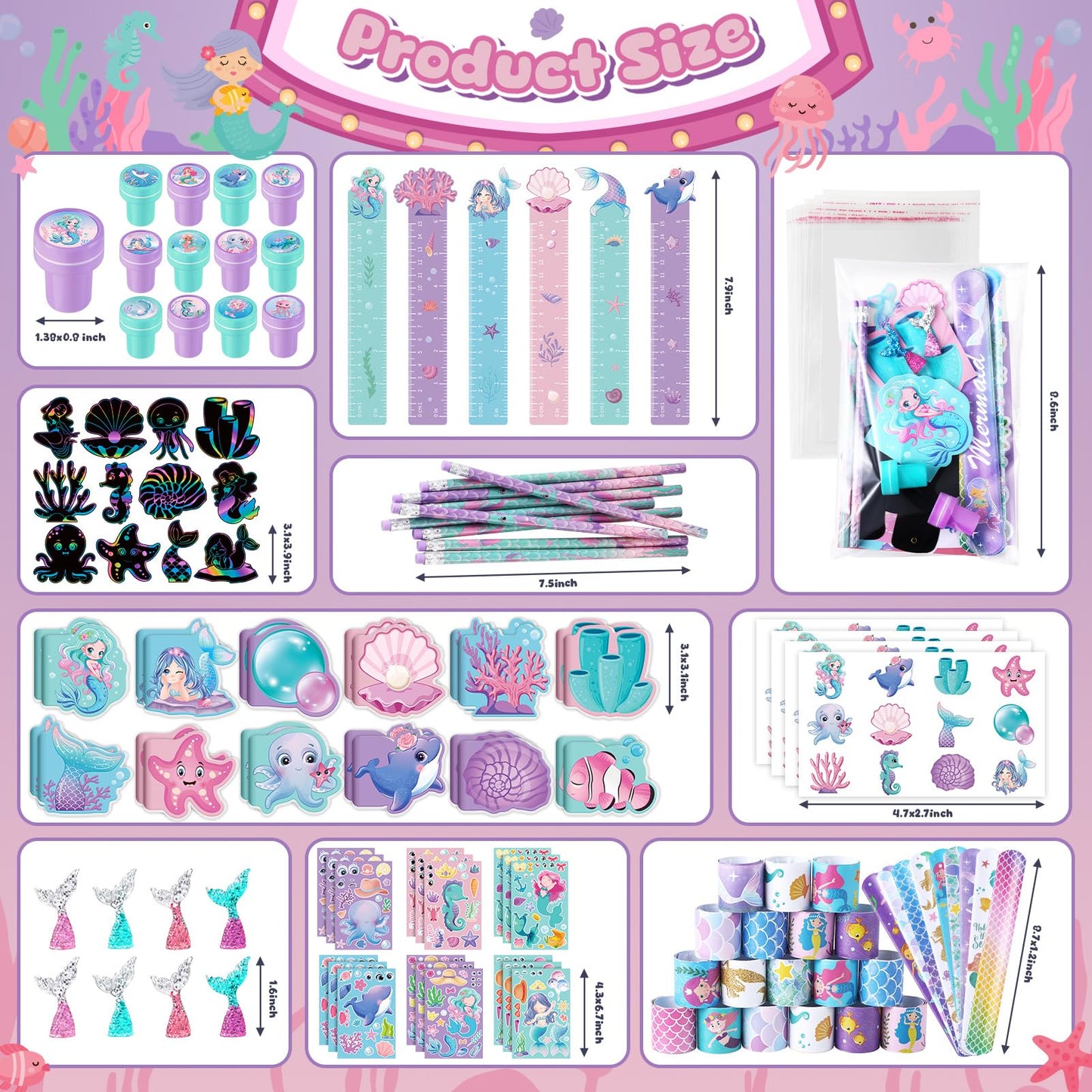 BenLouis 240Pcs Mermaid Party Favors Little Mermaid Pencils Stickers School Stationery Bulk for Kids Sea Birthday Decor Baby Shower Candy Goodie Bag Stuffer Classroom Rewards Pinata Supplies