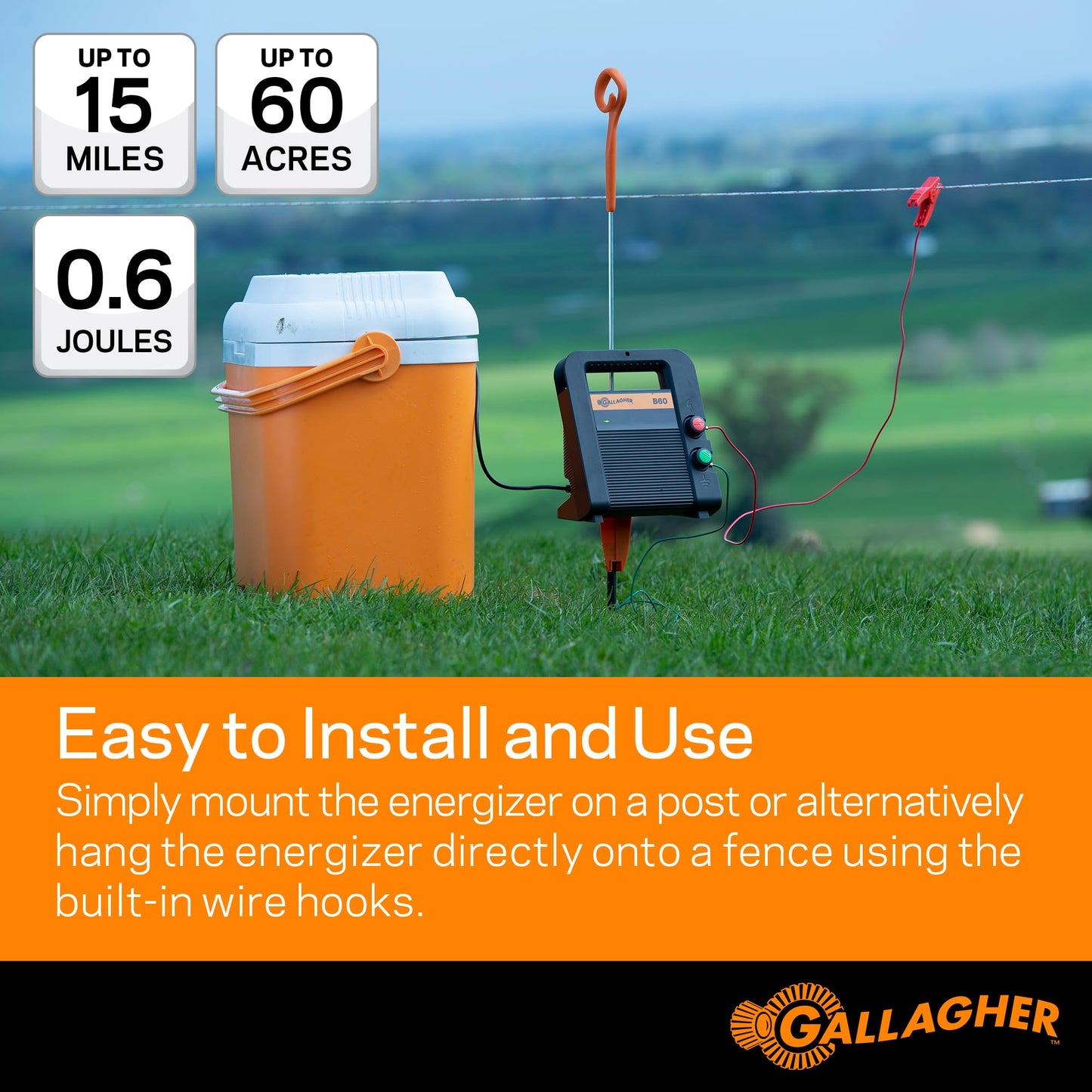 Gallagher B60 Battery Fence Energizer | 0.6 Joule Portable Electric Fence Charger for Livestock & Temporary Fencing | 12V Battery Powered | Powers Up to 15 Miles