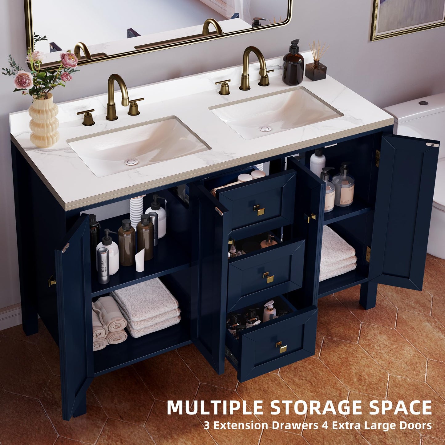 DWVO 47 Inch Bathroom Vanity with Double Sink, Retro Bathroom Storage Cabinet with Sintered Stone Countertop, Six Holes, 4 Doors & 3 Drawers
