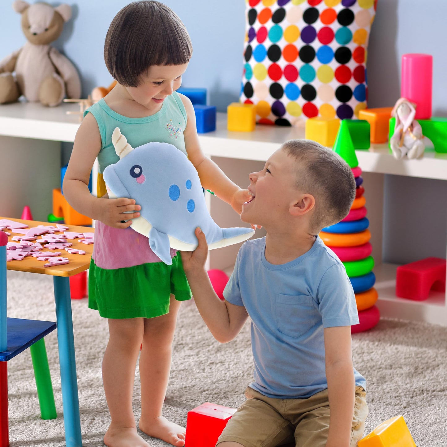 DolliBu Blue Narwhal Baby Soft Plush Toy, Newborn Babies First Stuffed Animal Cuddle & Snuggle Toys, Toddler's Huggable Best Buddy, Fluffy Teddy Bear - 11.75 Inch