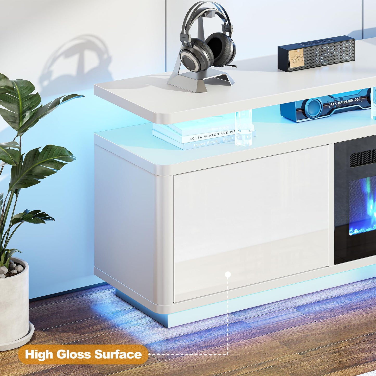 OneBlis 80" Fireplace TV Stand with Double LED Lights for TVs UP to 80", Electric Fireplace Entertainment Center with Storage Cabinets, TV Console for Living Room, Office, White