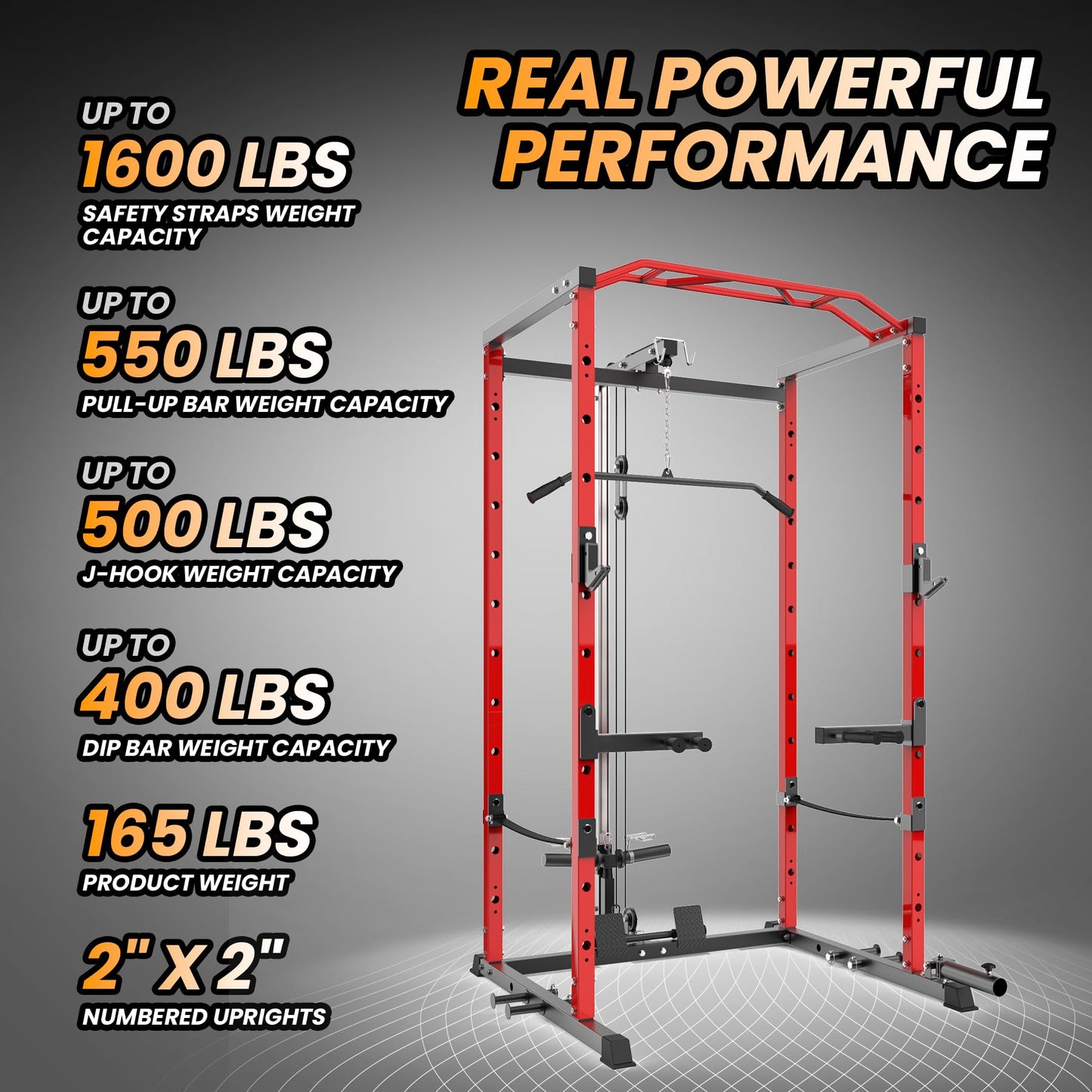 Power Cage with LAT Pulldown Machine - Squat Rack for Home Gym, Multi-Functional Weight Cage with Cable Pulley System, Dip Bars & Landmine Attachment