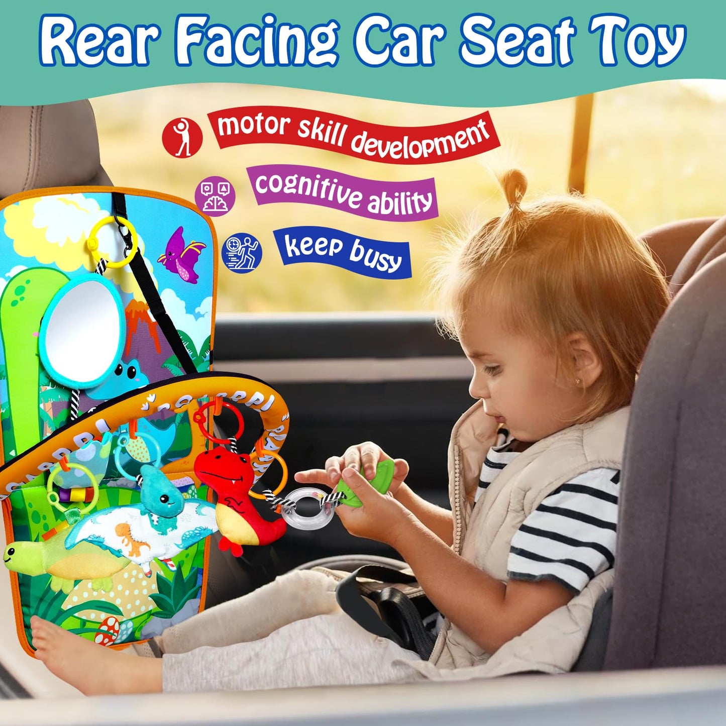 Innofans Baby Car Seat Dinosaurs Toys - Kick and Play Double Sided Infant Car Seat Toys with Plush Toys, Mirror, Teether for Baby, Babys Travel Activities, Christmas Birthday Gifts Newborn Infant Toys