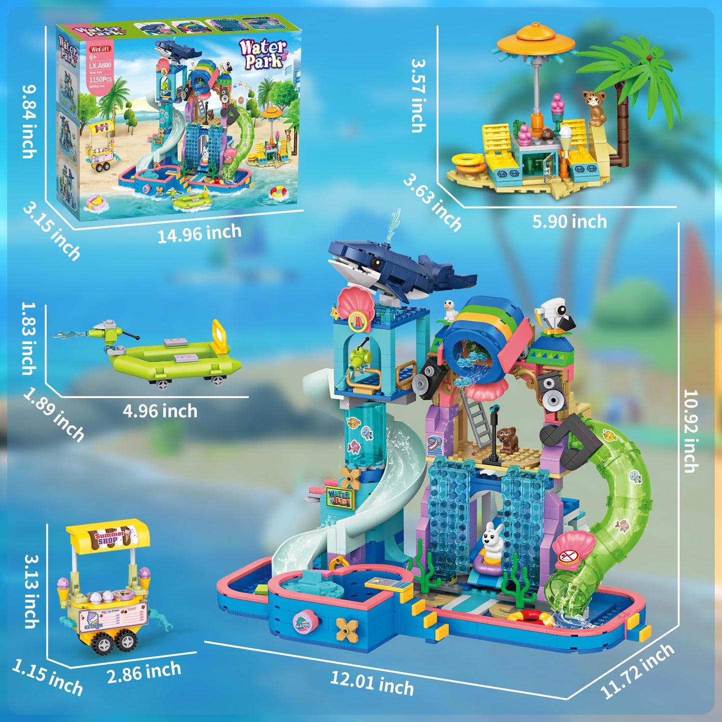 WinGift 1150Pcs Friends Water Park Building Set, STEM Summer Fun Party Toy with Swimming Pool Slides,Water Canons,Diving Platform,Animal, Pretend Play Kit for kids, Birthday Gifts for Girls Ages 6-12+