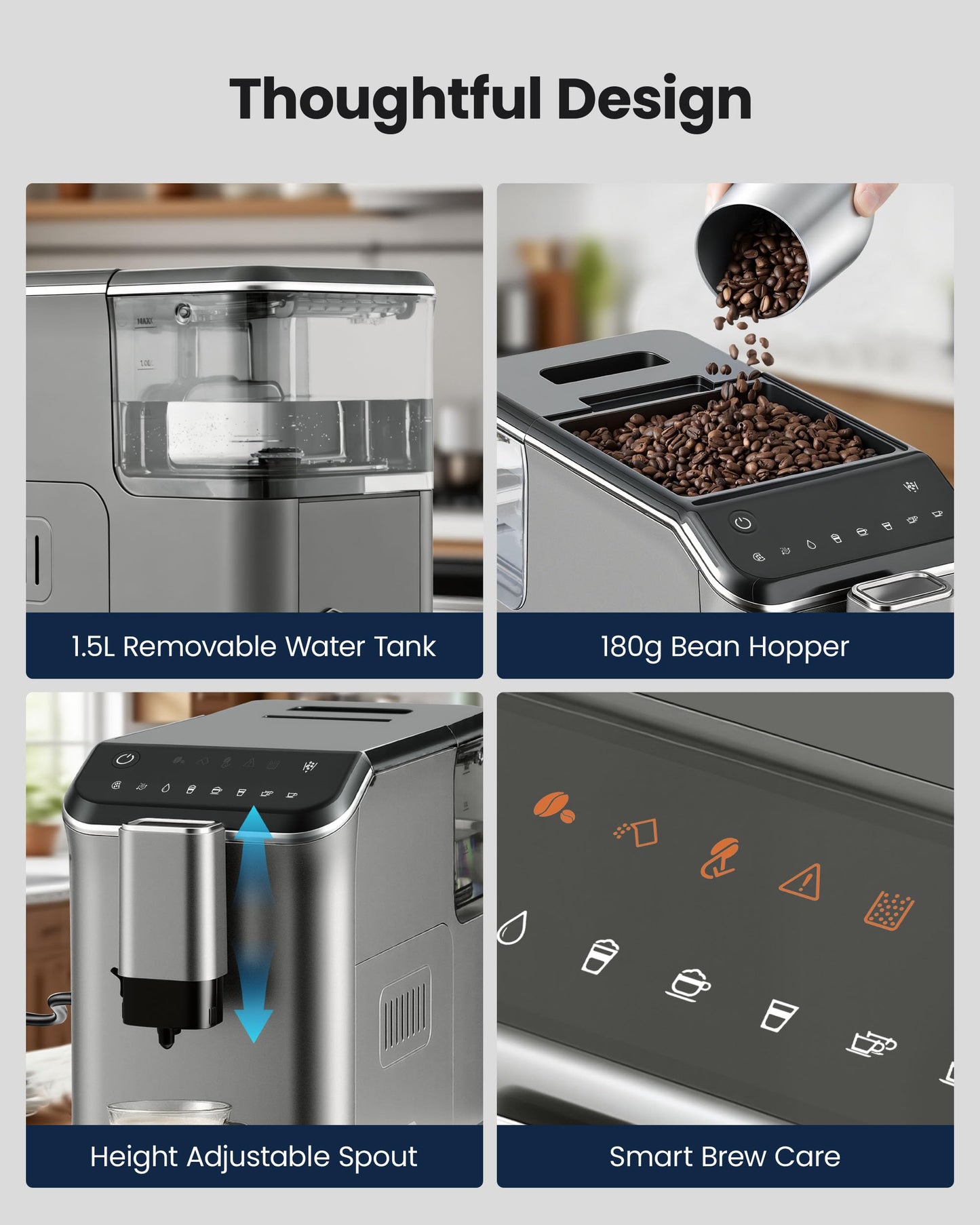 ICEVIVAL Automatic Espresso Machine, 20 Bar Espresso Maker with Touch Control, 15-Grind Settings Super Automatic Coffee Machine with Integrated Milk Frother, Auto Self-Cleaning