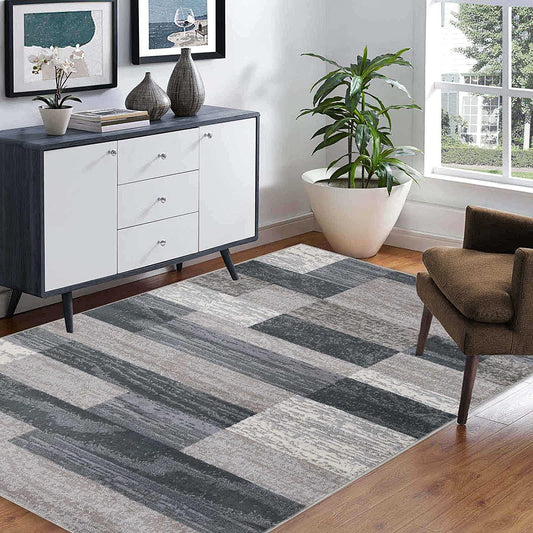 SUPERIOR Indoor Area Rug, Jute Backed, Modern Geometric Patchwork Floor Decor for Bedroom, Office, Living Room, Entryway, Hardwood Floors, Rockwood Collection, 4' x 6', Blue-Taupe