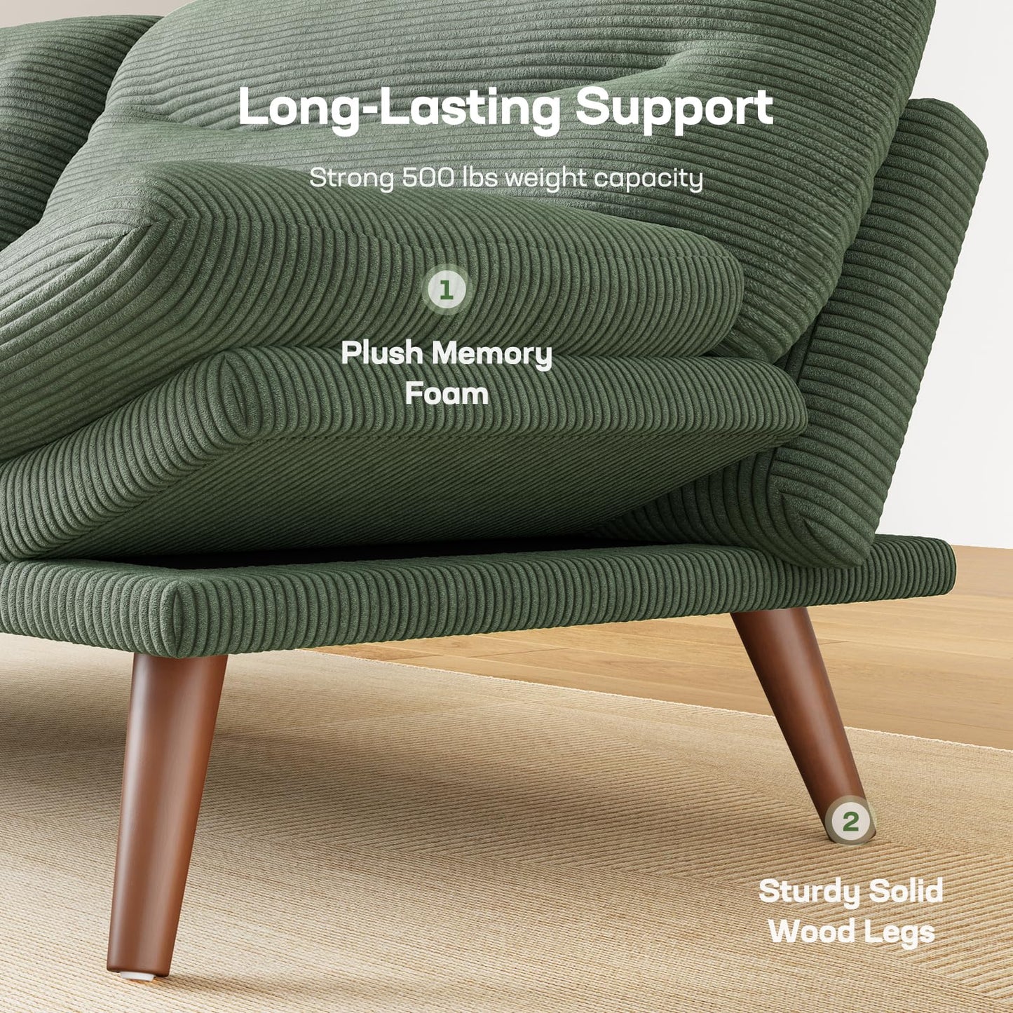 Marsail Futon Sofa Bed, 66” Futon Couch with Adjustable Backrest & Armrests, Convertible Small Sleeper Sofa Bed for Small Apartments, Study Room, Office, Corduroy Loveseat, Olive Green