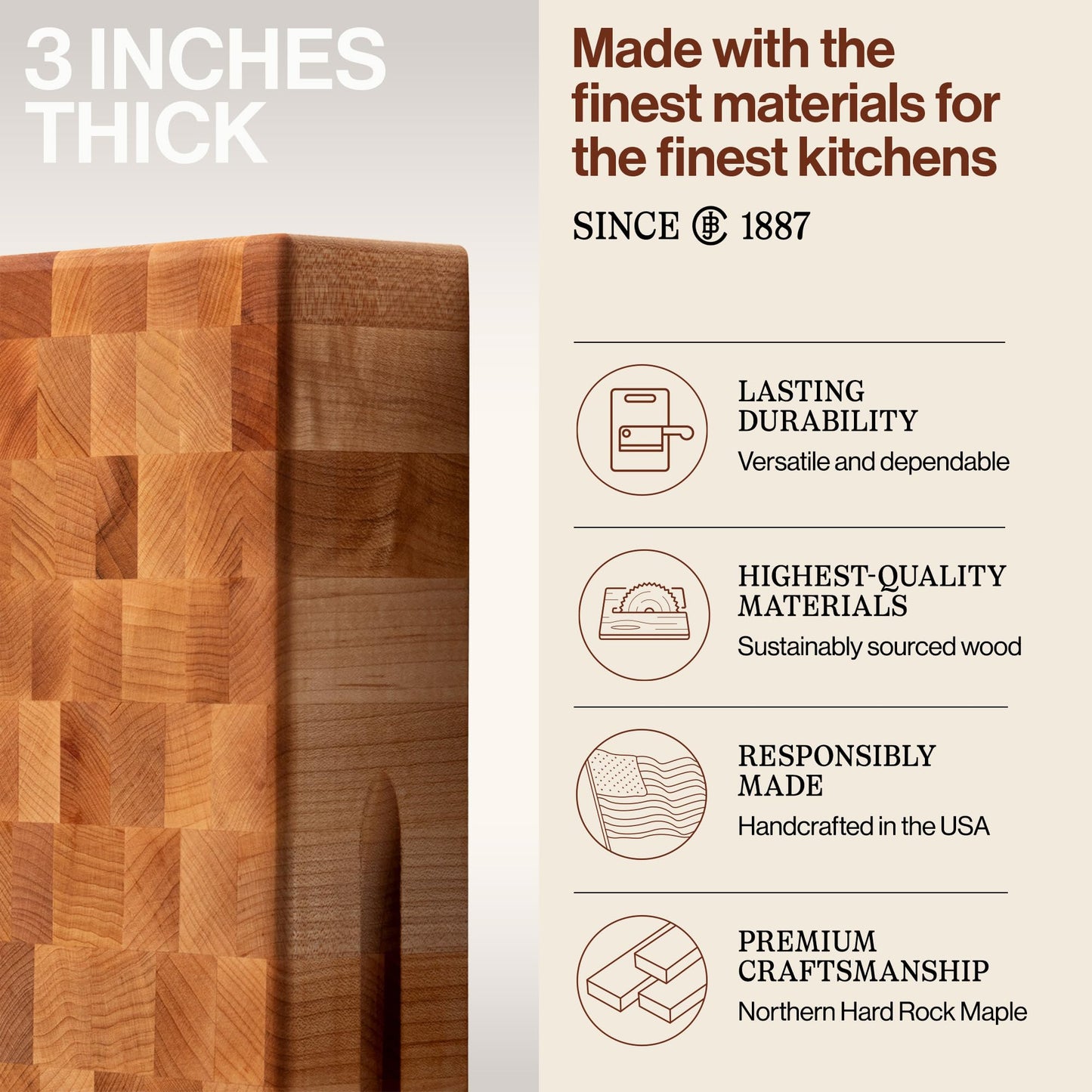 John Boos CCB Series Square Wooden Maple Cutting Board 18”x18” – 3” Thick, 26-lb Reversible Butcher Block with End-Grain & Finger Grips – Made in the USA