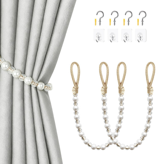 HOUOGROEM 1 Pack Curtain Tiebacks - Pearl Bead Curtain Holdbacks Wall Mounted with Hooks Tie Backs for Bedroom Decor Home Outdoor Office Beige
