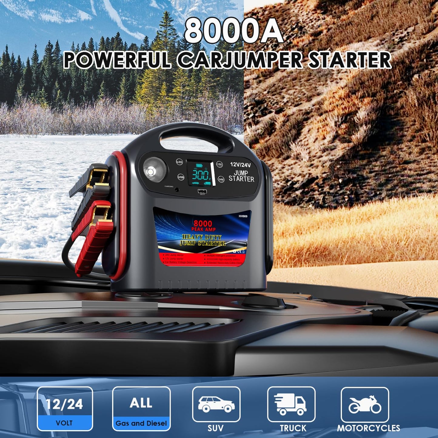 8000A Car Battery Jump Starter -E-Ant 12V/24V Intelligent Car Jump Starter Portable for Commercial Vehicles and Diesel Engines, Heavy Duty Jump Box Power Pack with LED Light