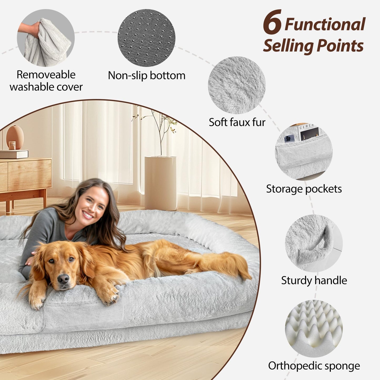 L&W BROS. Human Dog Bed for Adults - XL Orthopedic Dog Bed with Memory Foam and Faux Fur Cover - 71" X47"W X12 H - Ultimate Comfort for You and Your Furry Friend (Light Gray)