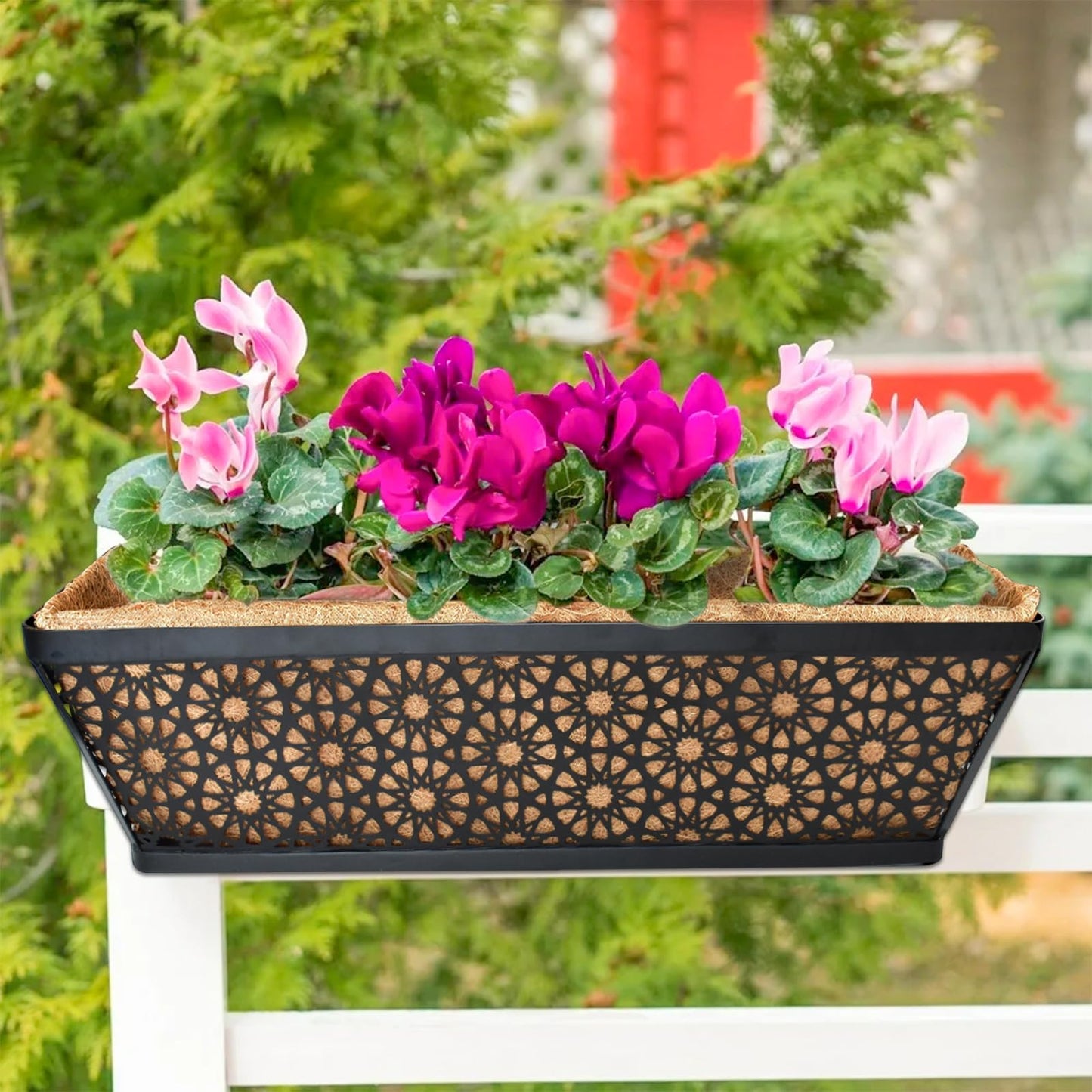 Halatool 24 Inch Window Boxes Planters, 2 Pack Sturdy Metal Deck Flower Railing Planter Box with Coco Liners for Indoor Outdoor Decor, Adjustable Rail Planter for Window Fence Porch Balcony Patio Lawn