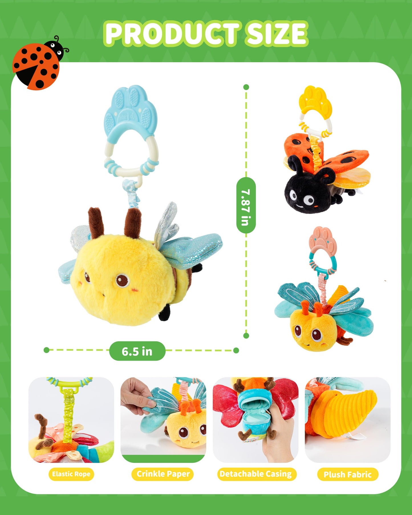 Jollybaby Musical Flying Ladybug Toy - Car Seat, Stroller, Crib & Play Gym Hanging Toys for Baby 0-6-12-24 Months, Tummy Time Sensory Music Toy for Infant Boys and Girls Gifts