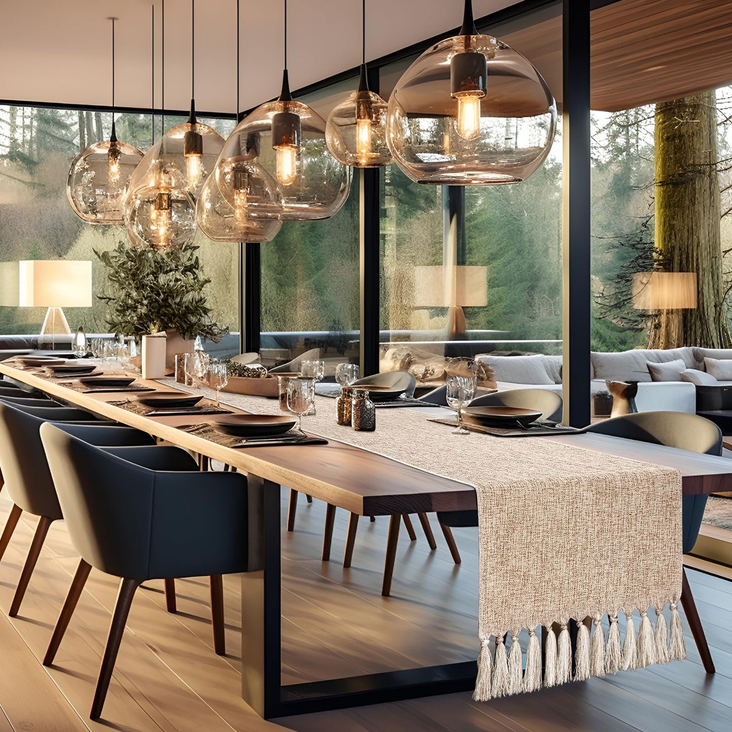 yuboo Boho Table Runner 108 inches Long, Rustic Farmhouse Dresser Runners for Bedroom, Dining Table, Summer Table Decor, Bridal Shower, Burlap Linen Table Runner (15x108 Tassels Included)