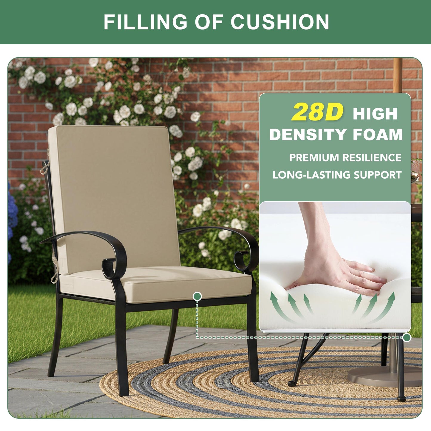 Summsun Outdoor Dining Chair Cushions 4 Pack, Water Resistant High Back Patio Seat Cushion Set with Ties, Removable Covers, Non-Slip Bottom for Garden Lawn Patio Furniture, 44 x 20 Inch, Cream