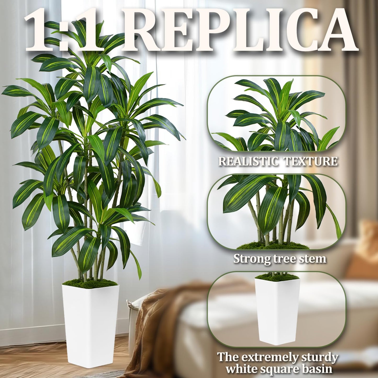 ZEEOZE Dracaena Plant Artificial Tree 7Ft Tall Fake Tropical Floor Plants Potted (Real Touch) Artificial Silk Tree Leaf Faux Trees White Tall Planter for Home Office Living Room Indoor Outdoor Decor