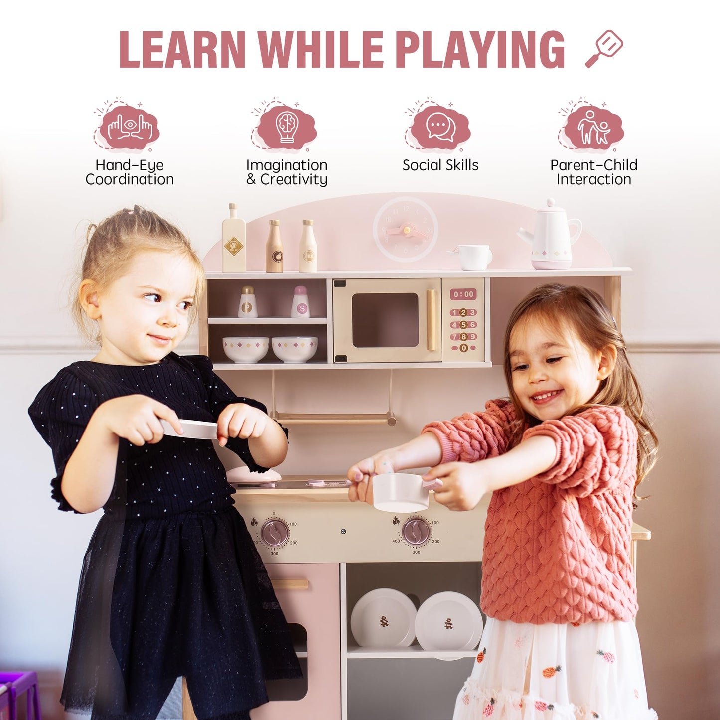 ROBOTIME Wooden Play Kitchen Set, Pretend Play Kitchen Set for Kids with Realistic Design, Kids & Toddlers Kitchen Playset with Dishwasher, Toy Kitchen Set for Boys and Girls Ages 3+ (Pink)