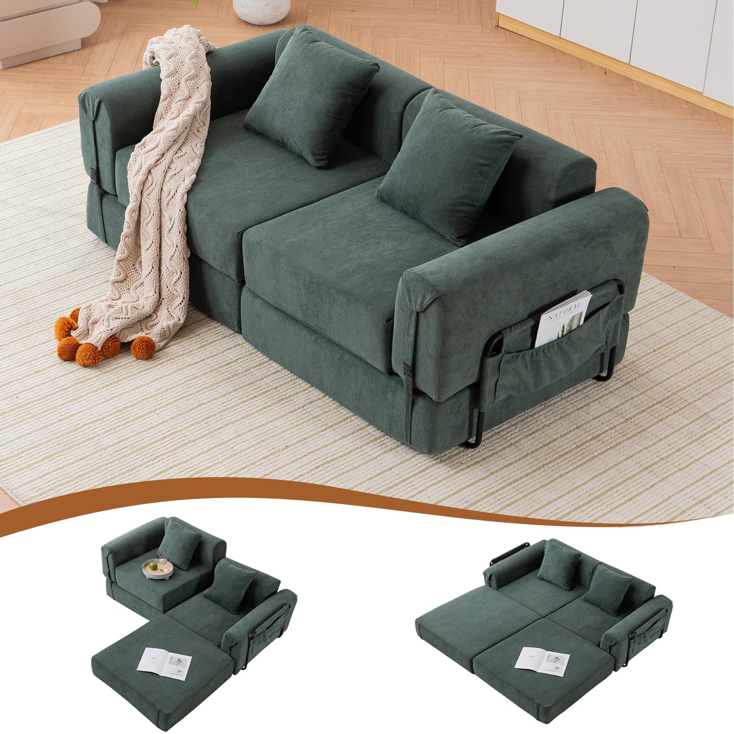 ILCQU Cloud Modular Sectional Sofa, Foldable Floor Couch Bed, Convertible Sleeper Sofa Bed, Fold Out Boneless Couches for Living Room, Office, Guest Room, Apartment (Loveseat, Green)