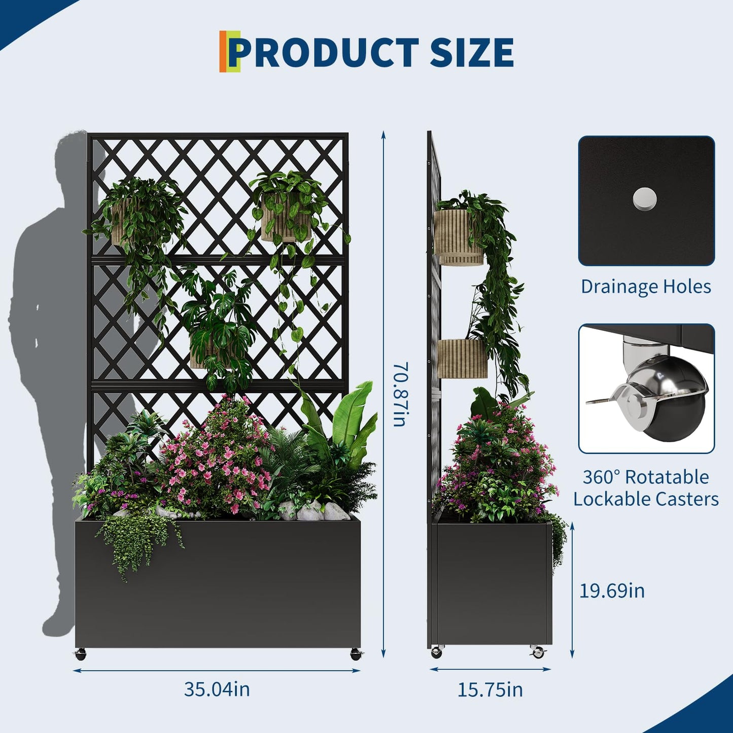 STMHOM Mobile Galvanized Steel Raised Garden Bed Kit with Trellis and Privacy Screen, 71"x35"x16" Planter Box on Wheels for Vegetables, Vines, Patio, Deck, Yard, Black