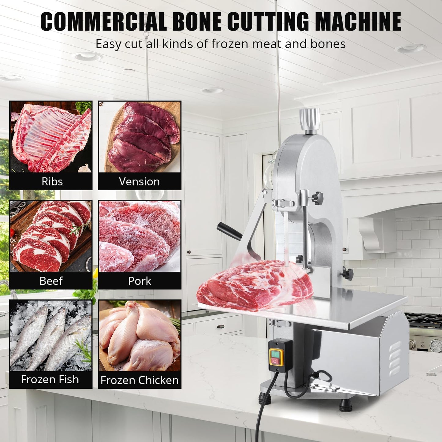 Commercial Electric Meat Band Saw 1100w, Bone Cutting Machine with Stainless Steel Worktable 19.3 x 15 in, 0.16–7.9" Cutting Thickness, Includes 5 Saw Blades, for Frozen Beef Pork Fish Chicken