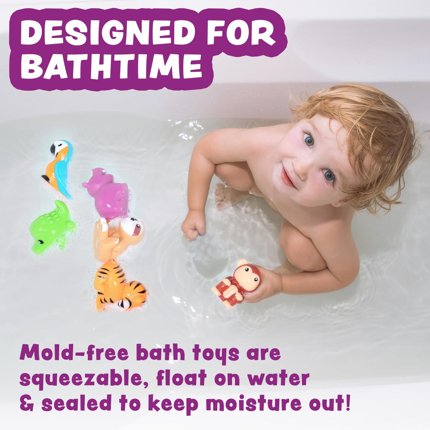 Tub Works® Rainforest™ Mold Free Bath Toys, 6 Pack | Sealed, No Hole Bath Toys Design Keeps Moisture Out | Soft, Squeezable & Float on Water | Easy-Grip Baby & Toddler Bath Toy | Great Baby Pool Toys