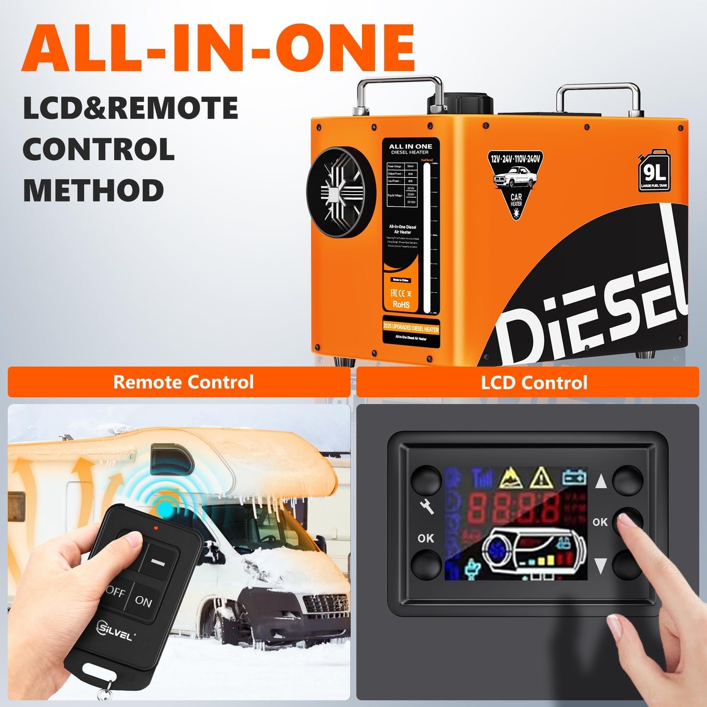 SILVEL Diesel Heater 8KW 110V/12V/24V, All-in-One 9L-10L Portable Diesel Air Heater with LCD Screen, Remote Control, Suitable for Car, Camper, RV, Truck, Home, Garage, Shop, Boat, Orange