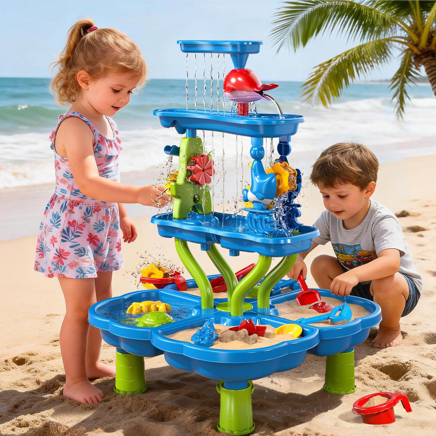 Guminnara 4 -Tier Kids Water Play Table for Toddlers 18M+ 3-5 4-8 Years, Sand and Water Table with Activity Play Set, Water & Sand Sensory Play Table Summer Beach Outdoor Indoor Toys for Birthday