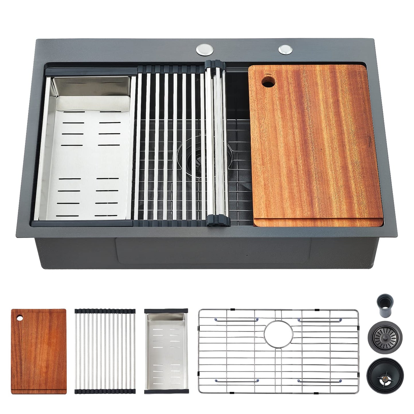 EcoChannels Drop-in Kitchen Sink - Single Bowl Workstation with Cutting Board, 30 x 22 x 10, Gunmetal Black, 16 Gauge Stainless Steel