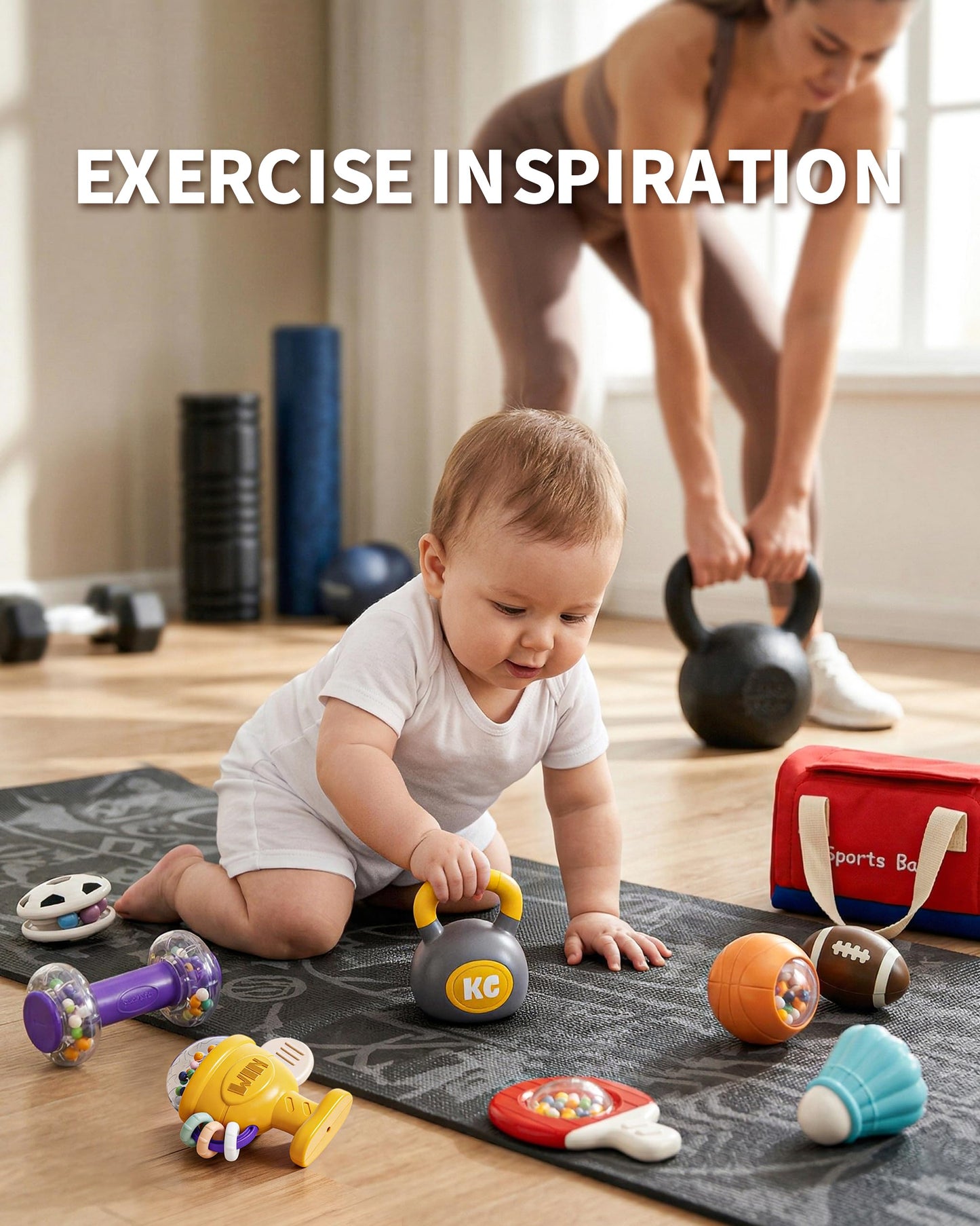 Jovow 11-Piece Sports Baby Rattles & Teether Toys with Soft Gym Bag, Infant Sensory Grasping Shakers, Early Development Set for Newborns 0-6 6-12 Months