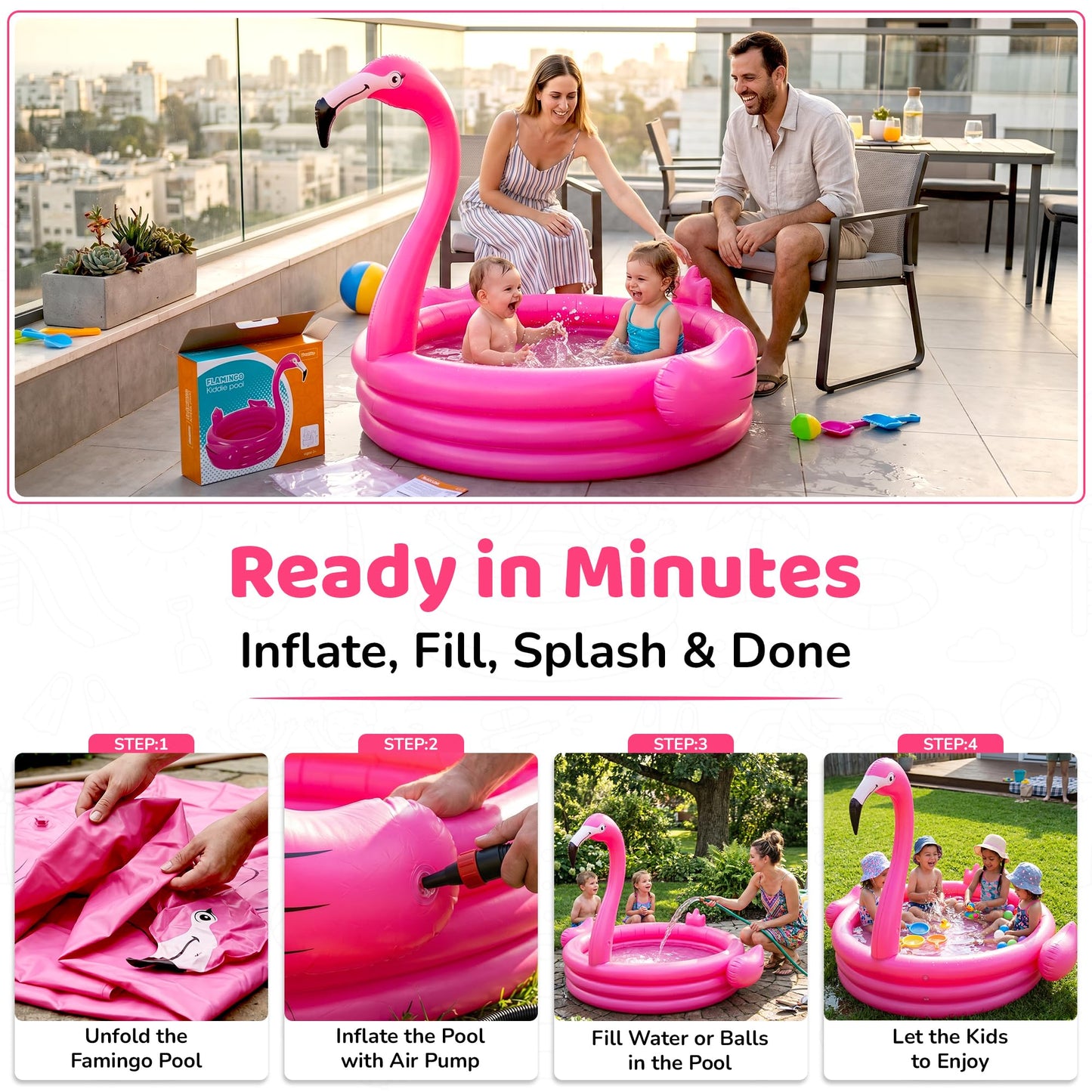Pink Flamingo Pool Inflatables for Kids 48” - Baby Blow Up Swimming Fun Pool for Kids 1-3 - Summer Outdoor Play Center- Portable Backyard Water Play Pools for Boys & Girls