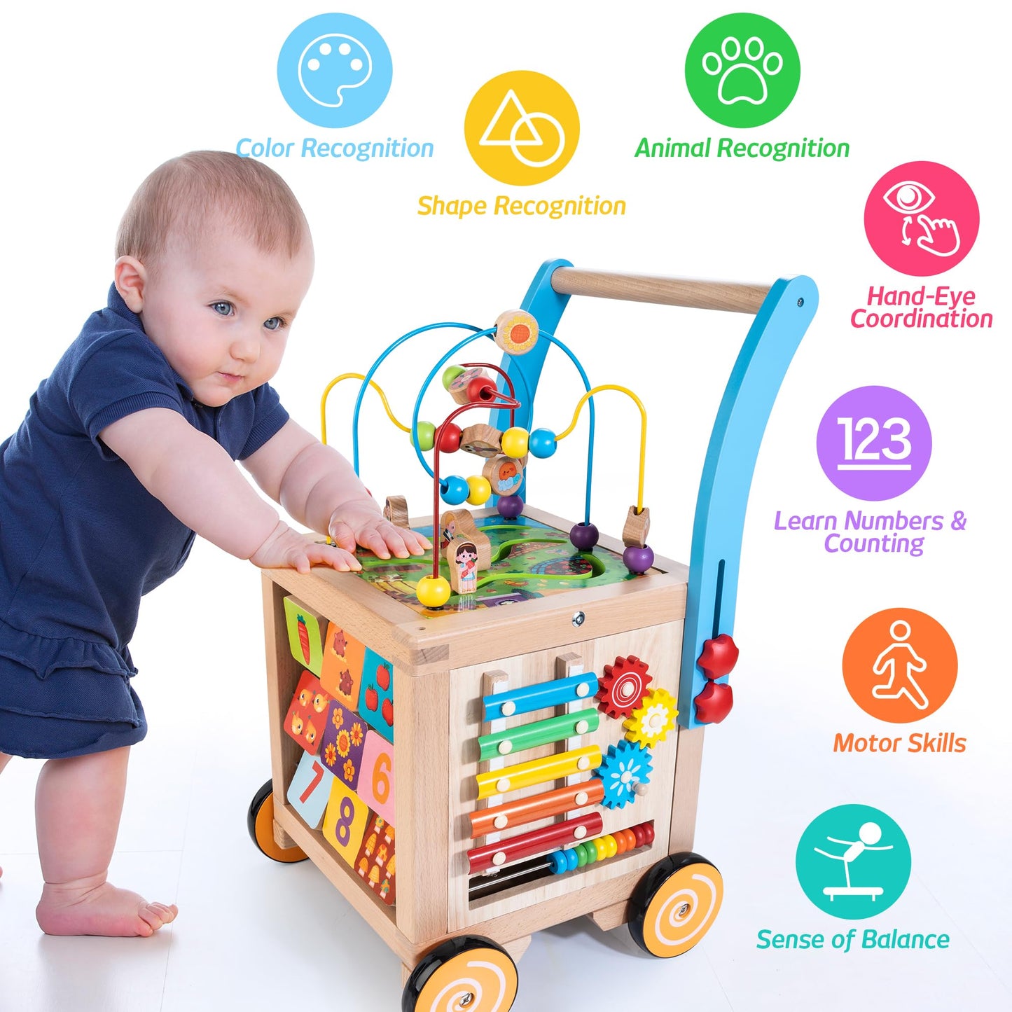 Wooden Baby Walker | Baby Push Walker with 9-in-1 Activity Cube, Sit to Stand Learning Walker Toy with Wheels for Boys Girls, Montessori Activity Center Walker, Adjustable Speed & Height