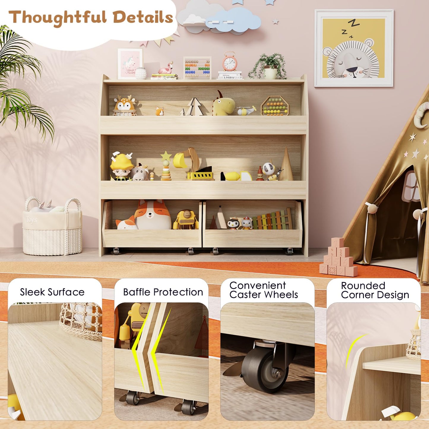 COZPAW Toy Storage Organizer, 3 Tier Montessori Shelf with Movable Bins (Wood)