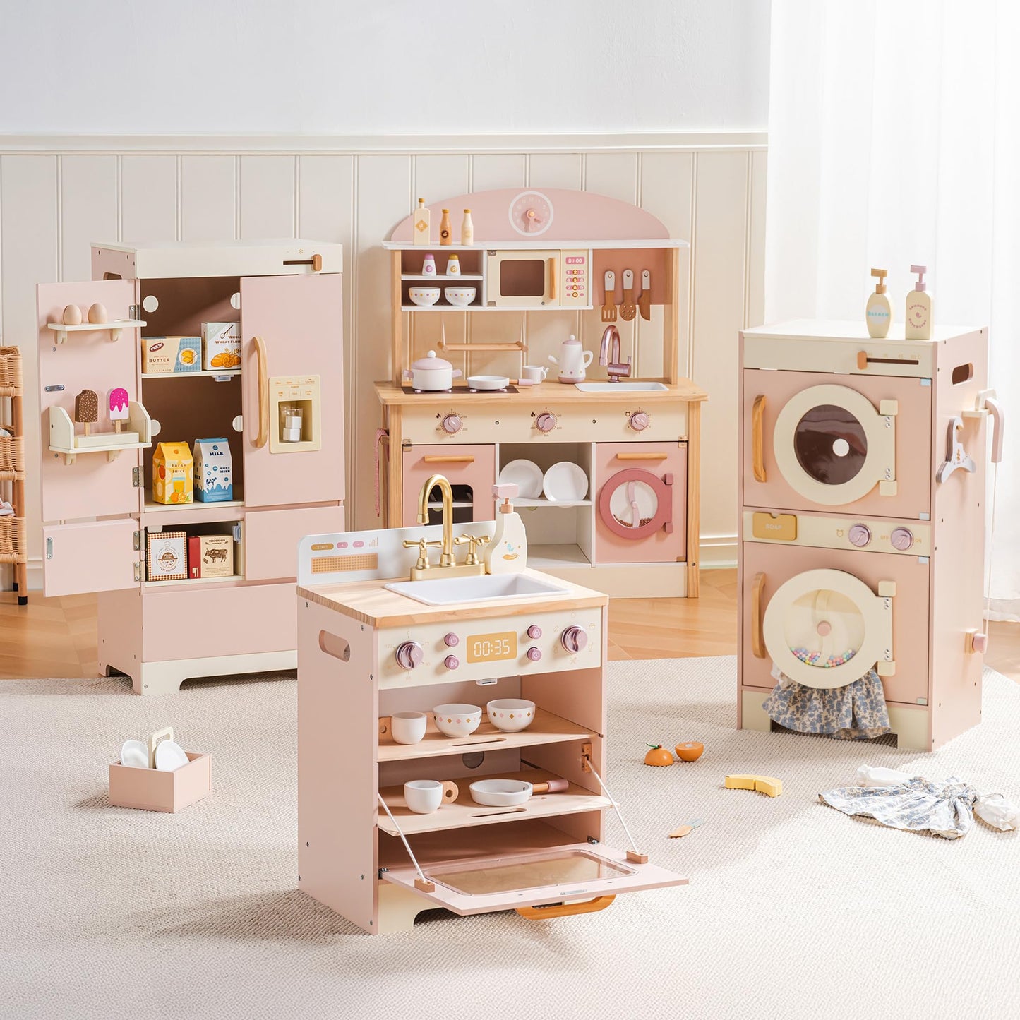 ROBOTIME Wooden Kids Play Kitchen – 4-in-1 Toddler Play Kitchen Set with Fridge, Washer & Dishwasher – Wooden Corner Cooking Playset for Boys & Girls Ages 3+